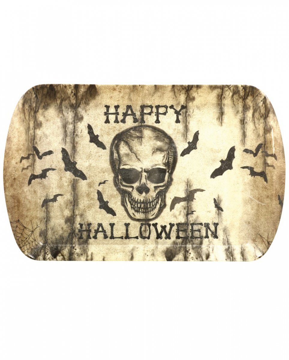 Horror-Shop Dekofigur Happy Halloween Tablett mit Skull & Fledermäusen