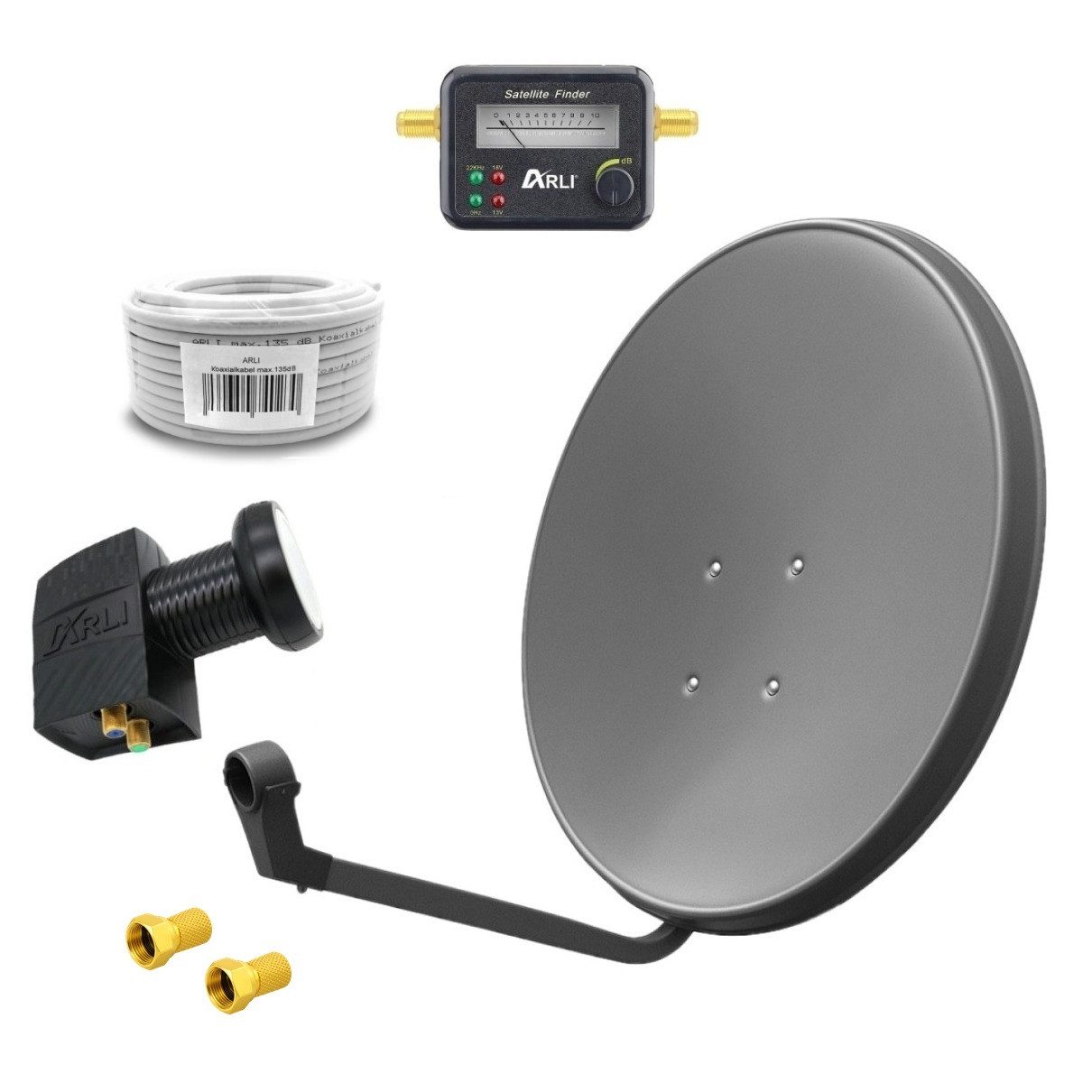 ARLI 60 cm HD SAT Anlage grau + Twin LNB + 20m Koaxialkabel + Satfinder SAT-Antenne (60 cm, Stahl, 2 F-Stecker Digital 2 Teilnehmer Antenne grau UHD 4K)