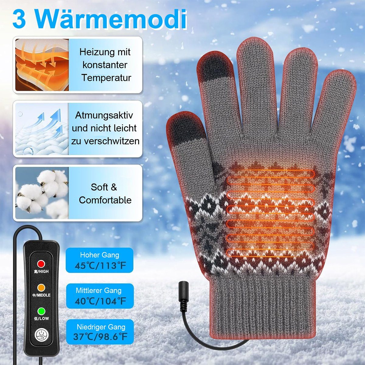 Welikera Handschuhe Schalter,3-stufige Beheizbare Winter-Arbeitshandschuhe mit Temperatureinstellung Blau