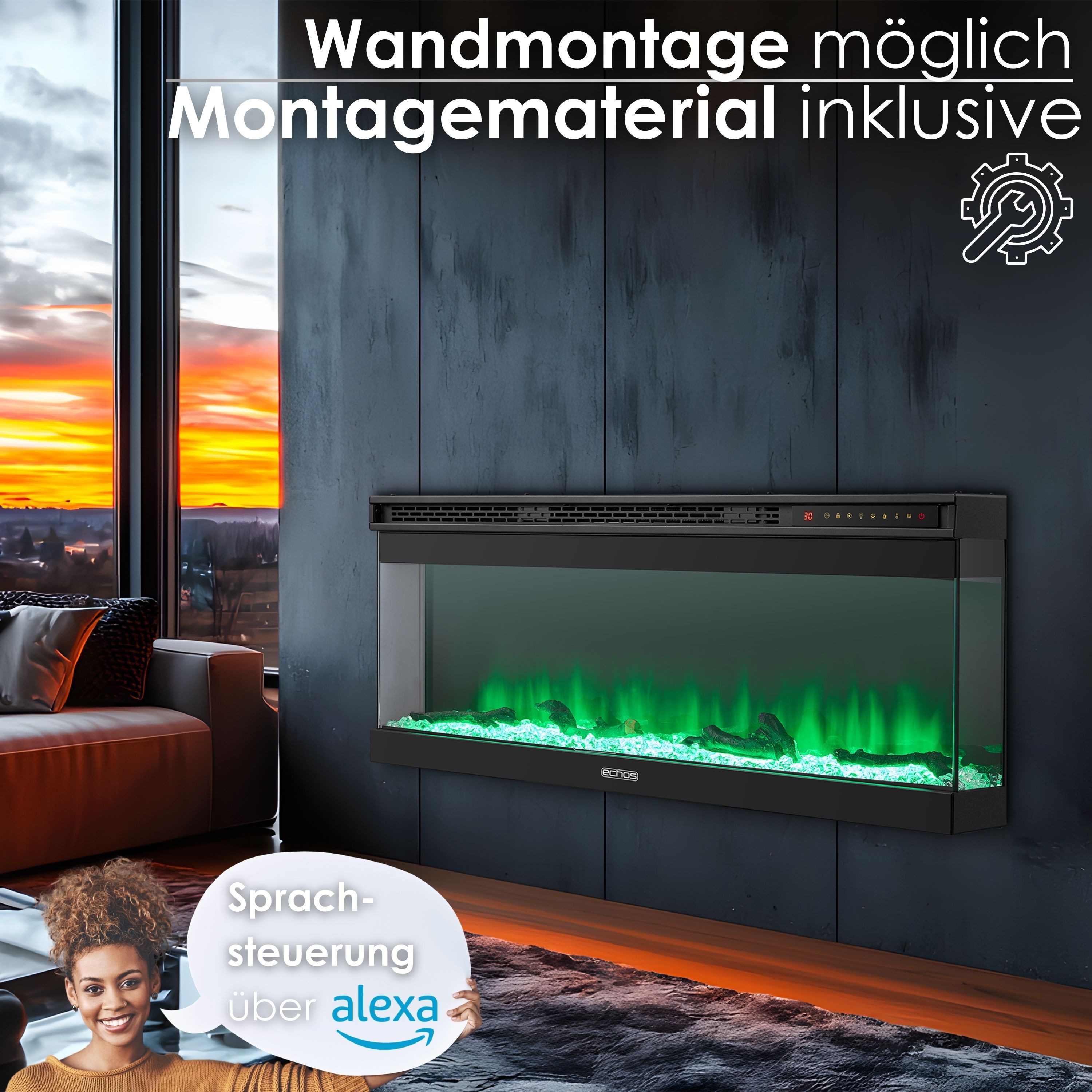 echos Elektrokamin WiFi Eco-3510, 13 realistische Flammeneffekte, Smart Life APP, Wandmontage, Timer – Bild 5 von 5