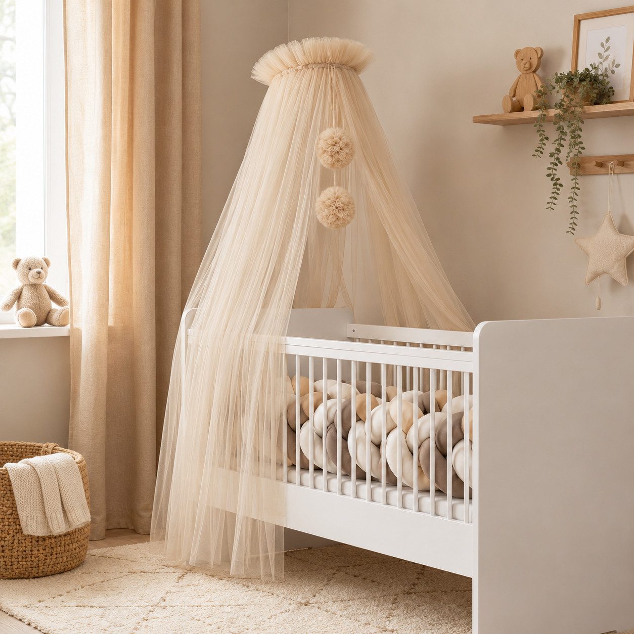 Baby Fancyroom Betthimmel Tüll Betthimmel für Babybett Babywiege Beistellbett Moskitonetz, 165cm lang, mit 2 Bommeln