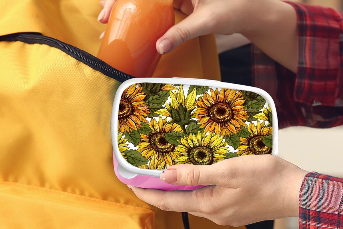 Kunststoff Brotbox Snackbox, für Brotdose Mädchen, Kinder, - - (2-tlg), Lunchbox rosa Sonnenblume Vintage Design, Kunststoff, Erwachsene, MuchoWow
