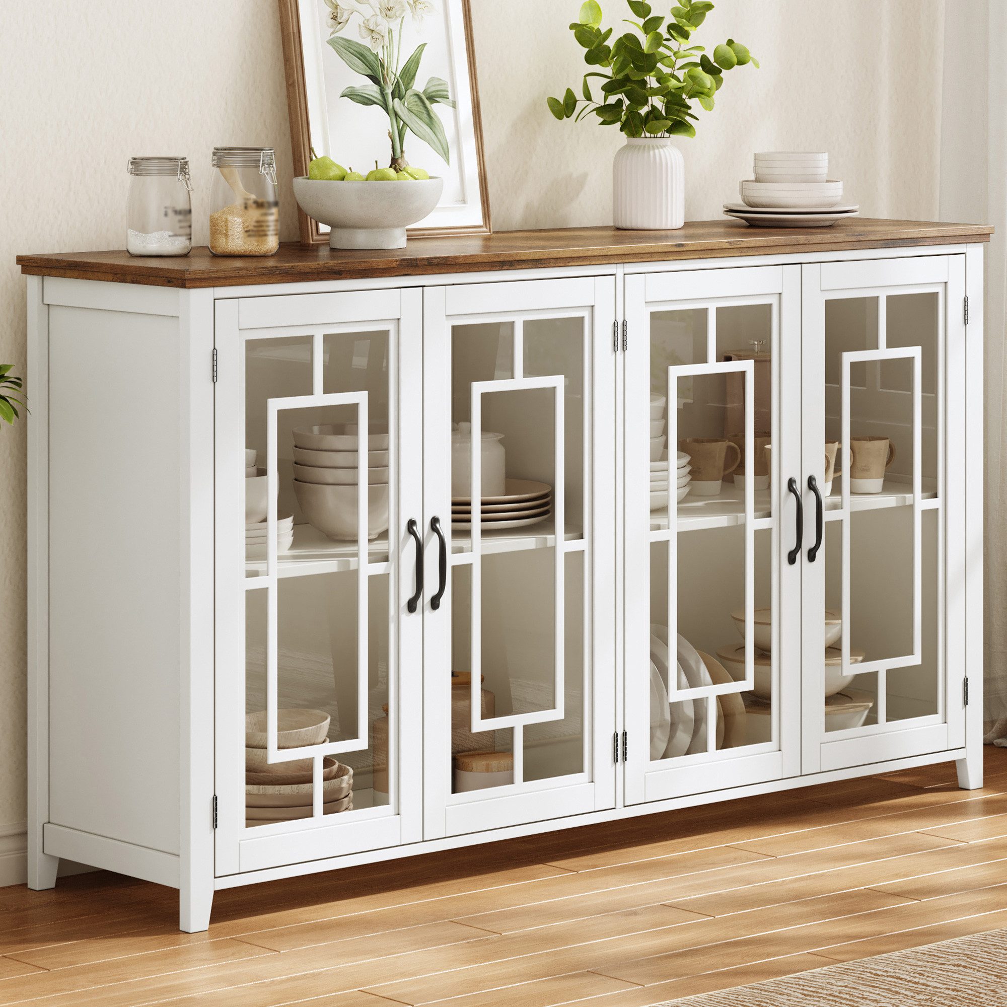 Flieks Sideboard Kommode mit 4 Glastüren und Arbeitsplatte in Holzoptik (160x40x86 cm, 1 St., Schrank für Esszimmer, Wohnzimmer und Schlafzimmer), Mehrzweckschrank Küchenschrank Multifunktionsschrank Weiß