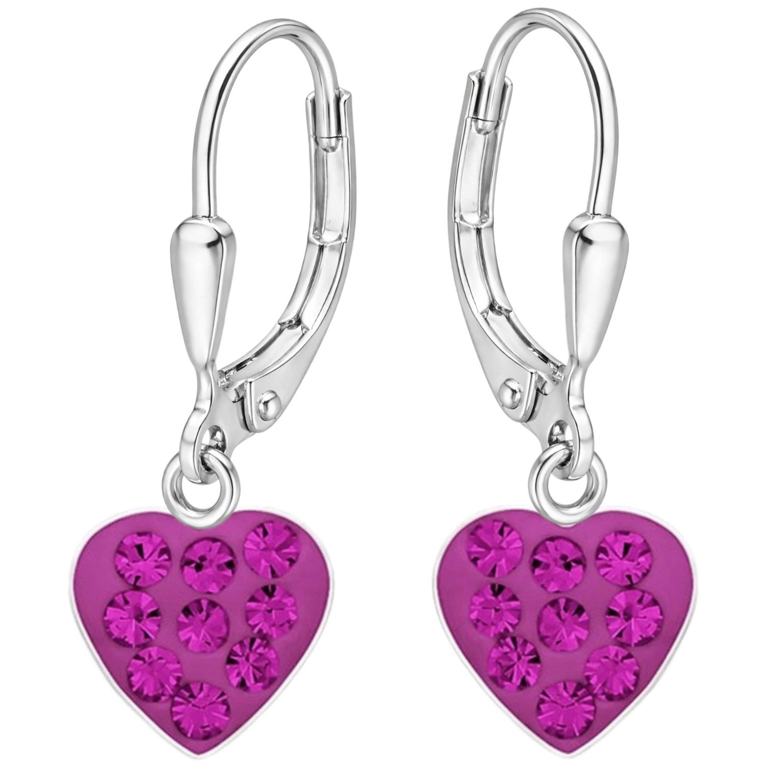 Goldene Hufeisen Paar Ohrhänger Herz Kinder Ohrringe 925 Silber Mädchen pink Fuchsia Kristall, Hypoallergen und hautfreundlich