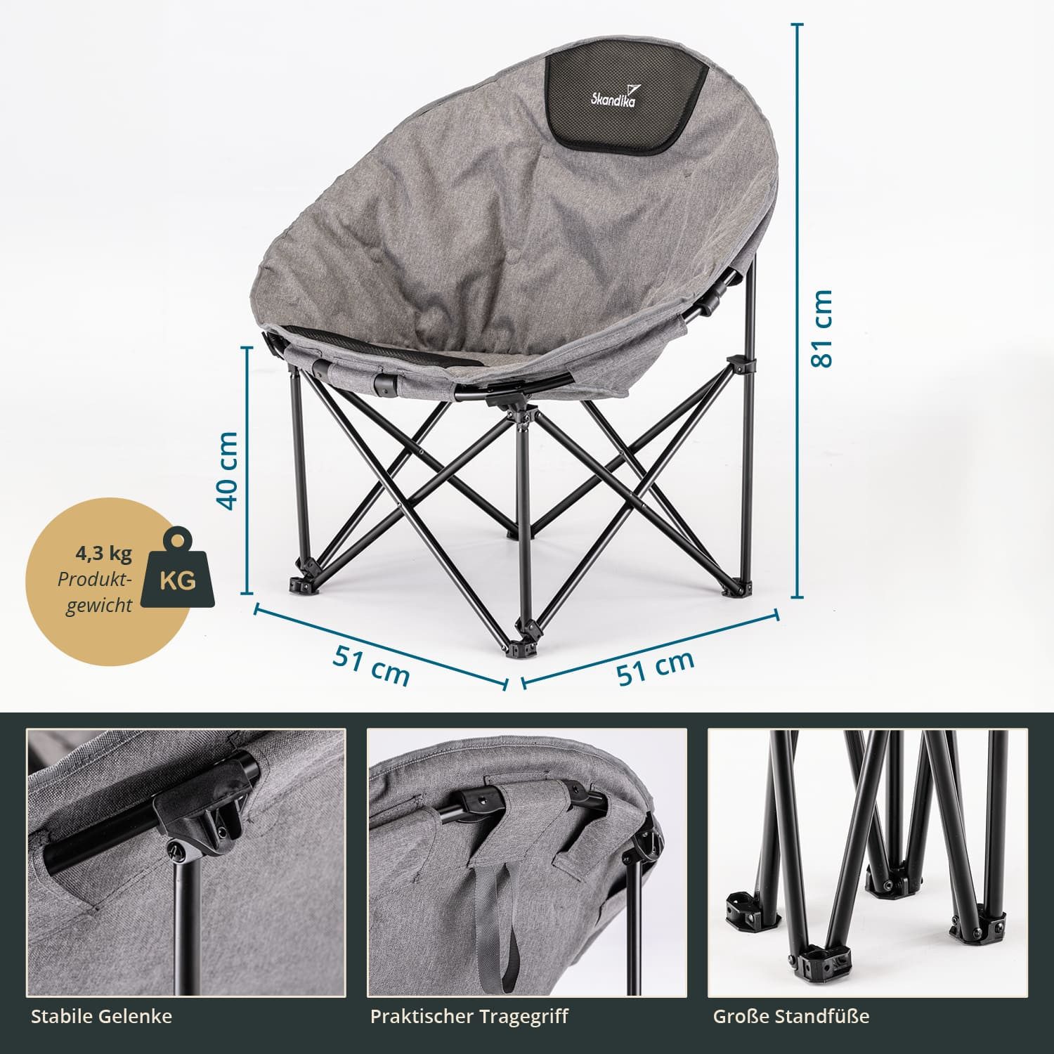 Skandika Campingstuhl Moonchair Kupari, Faltsessel, Gartenstuhl, Klappstuhl bis 150 kg (Weich gepolstert, Atmungsaktiv, wasserabweisend, pflegeleicht), weich gepolstert, Tragetasche, Große Sitzfläche, bequem, Outdoor
