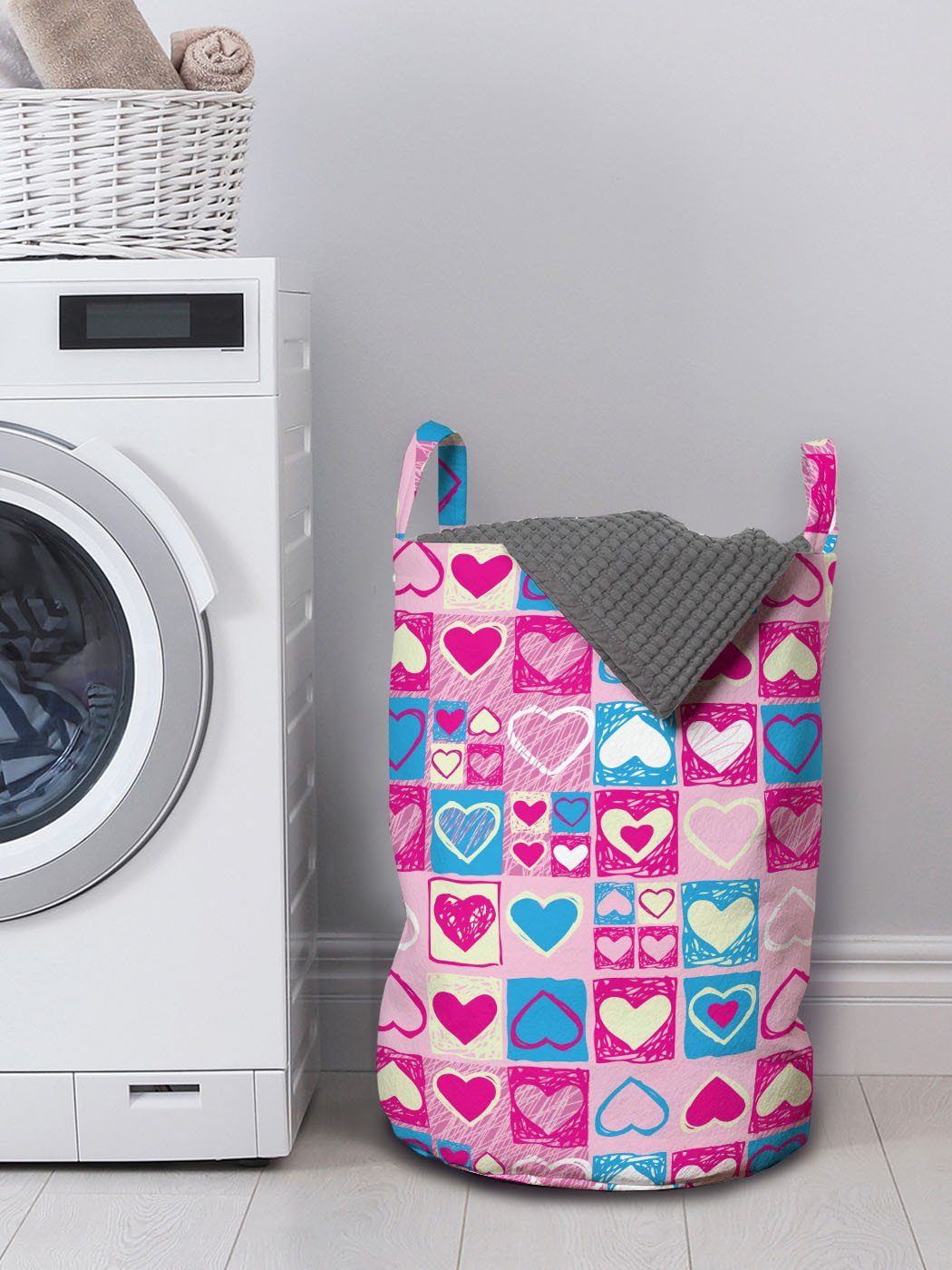 Abakuhaus Wäschesäckchen Wäschekorb mit quadratischen Griffen der Kordelzugverschluss Waschsalons, in Form Herzen für Bunt