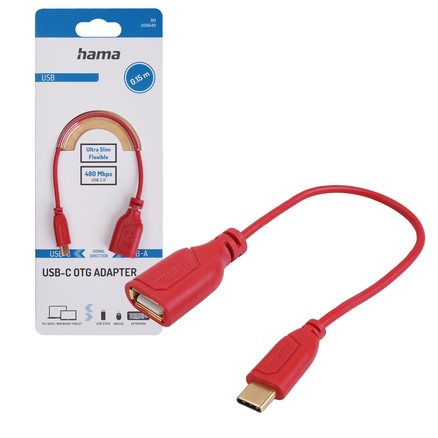 Hama OTG Adapter-Kabel USB-C auf USB-A Rot USB-Kabel, USB-C, USB-A (15 cm), USB Typ C Konverter für Smartphone Handy Tablet PC Notebook Laptop