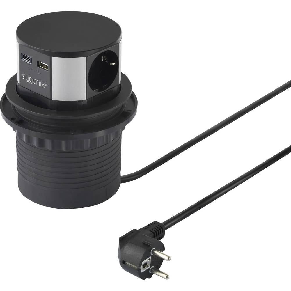 Sygonix SY-6887466 Steckdosenturm 3fach Schwarz, Silber Schutzkontakt 1 St. Steckdosenleiste, mit USB, versenkbar, erhöhter Berührungsschutz, mit USB-C®