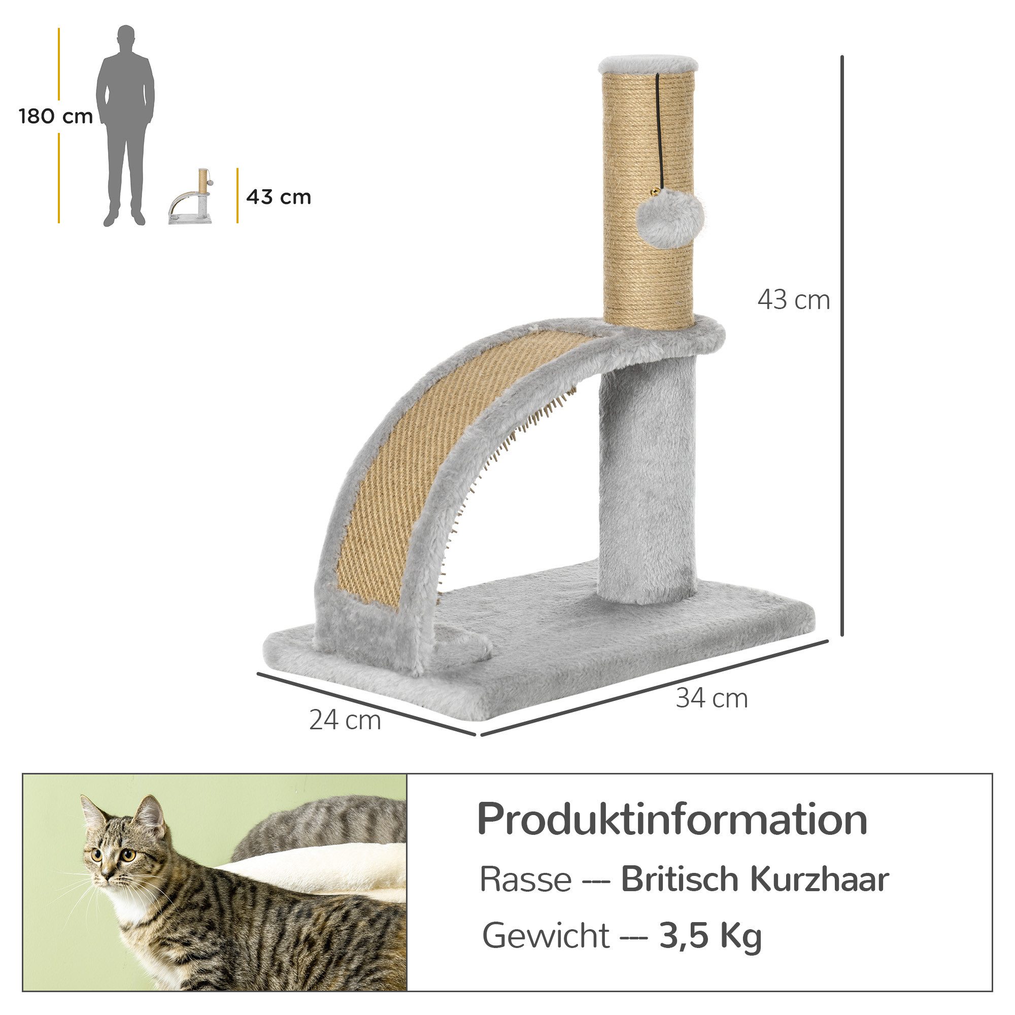 PawHut Kratzbaum mit Katzenkratzbrett, Kratzbaum, Katzenreizball, für Katzen unter 4,5 kg, grau