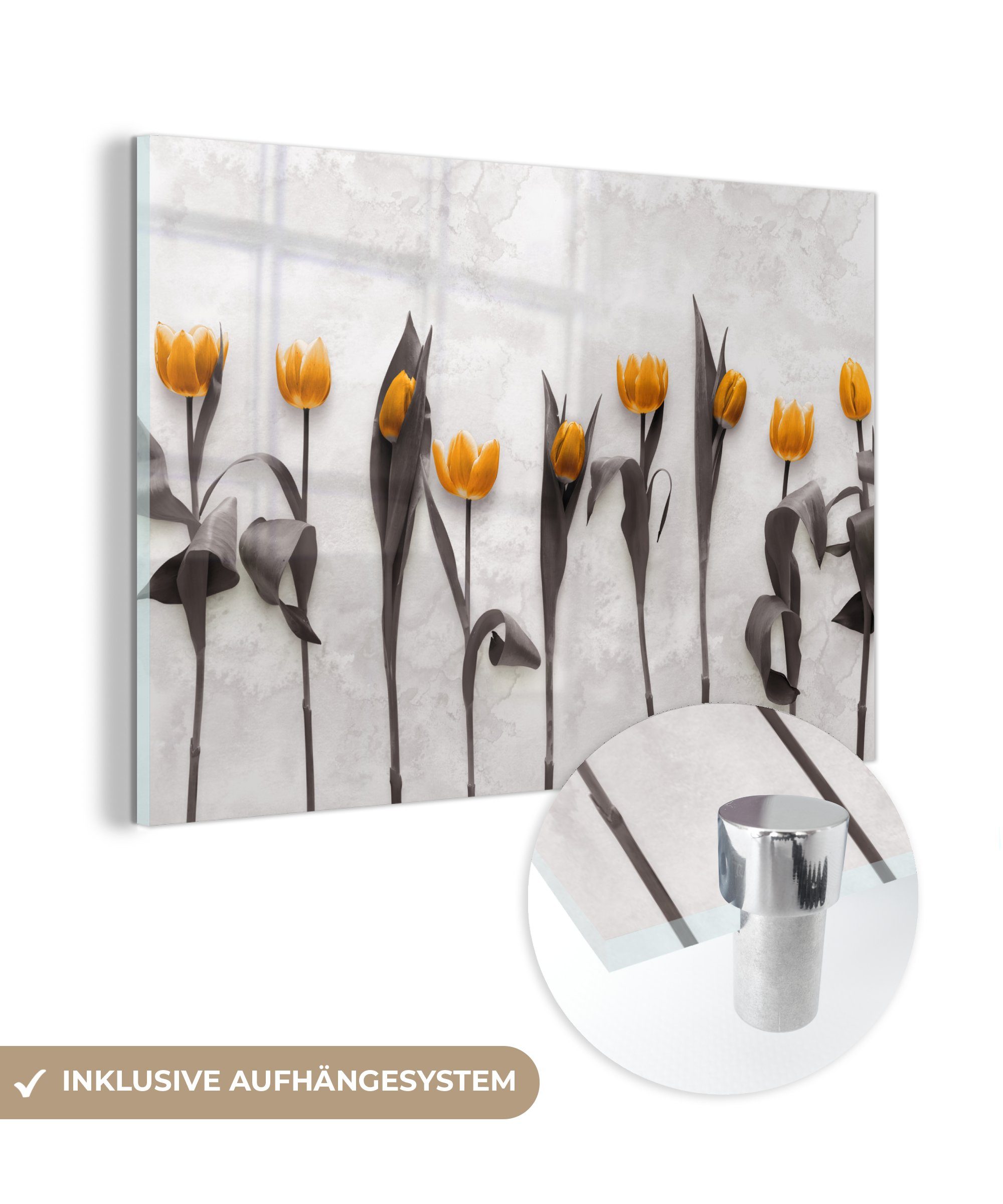 MuchoWow Acrylglasbild Blumen - Tulpen - Marmor, (1 St), Glasbilder - Bilder auf Glas Wandbild - Foto auf Glas - Wanddekoration