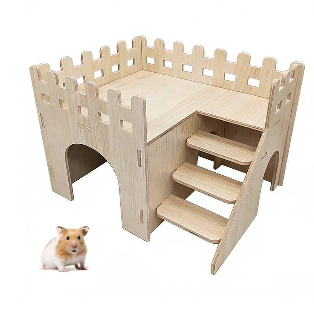 TUWENA Kleintierkäfig Hamster Haus Holz mit Leiter, Hamster Mehrkammerhaus Spielzeug Haus, Haus für Goldhamster, Zwerghamster, Rennmäuse, Degus, Zwei Eingänge