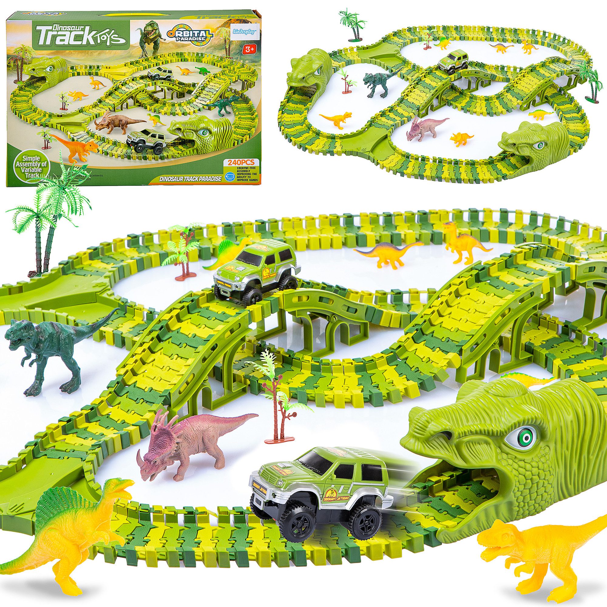 kinderplay Autorennbahn Dinosaurier Rennbahn 360 cm – flexibles Spielset – kreativer Bauspaß
