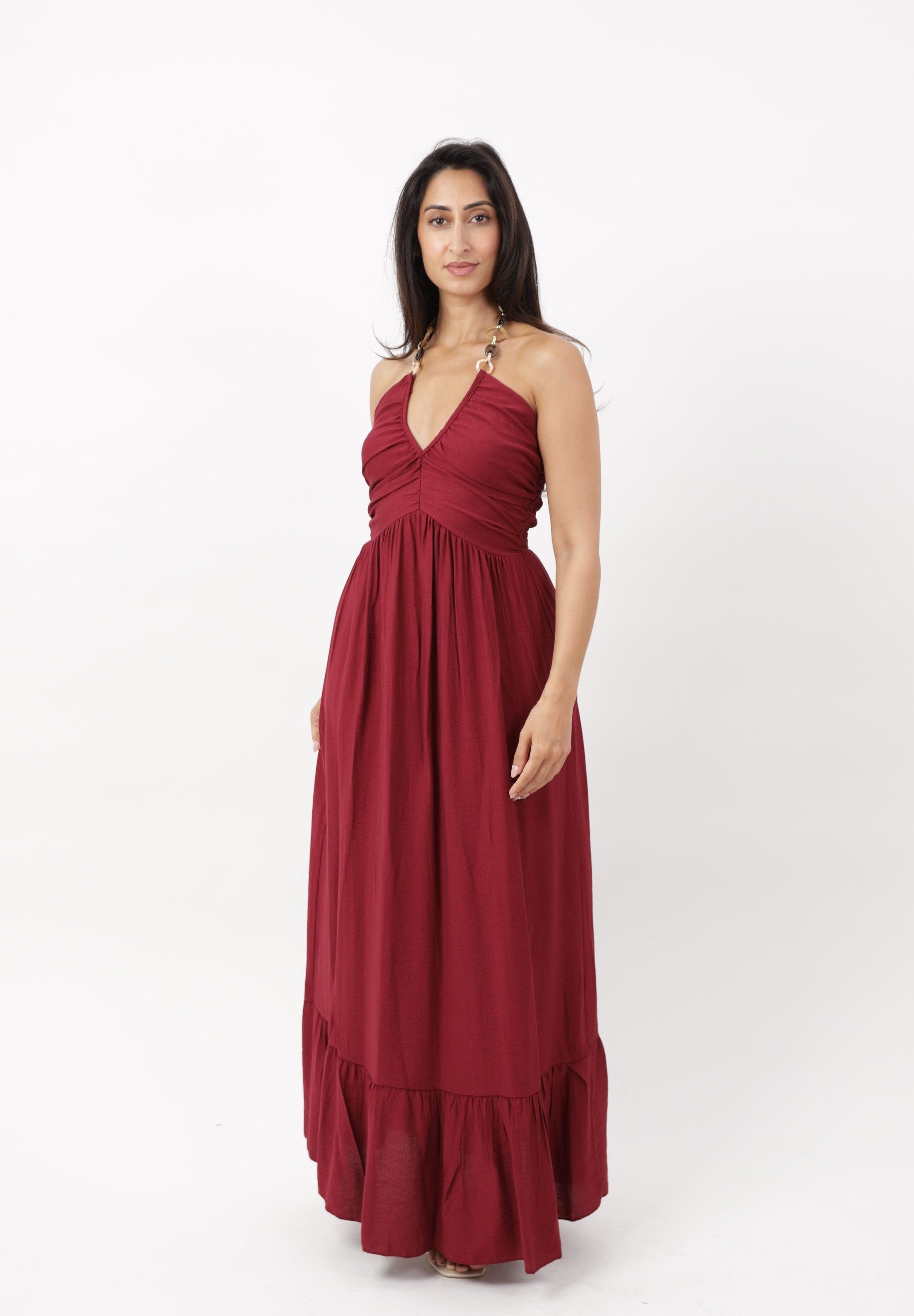 Elara Maxikleid Damen Maxikleid mit Neckholder, Schmuckringen und gerafftem Oberteil (1-tlg)