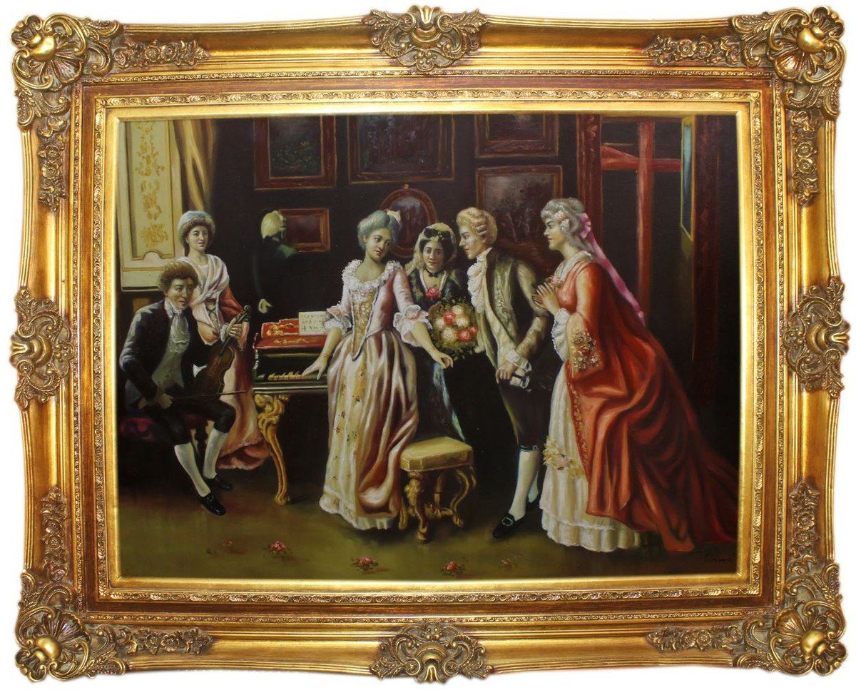Casa Padrino Ölgemälde Barock Ölgemälde Die Feier Mehrfarbig / Gold 160 x 10 x H. 130 cm - Handgemaltes Gemälde mit prunkvollem Rahmen im Barockstil - Barock Deko Accessoires