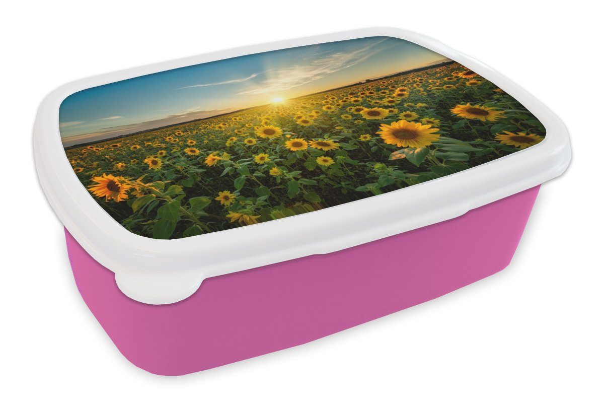 MuchoWow Lunchbox Sonnenuntergang - Blumen - Sonnenblume - Horizont - Landschaft, Kunststoff, (2-tlg), Brotbox für Erwachsene, Brotdose Kinder, Snackbox, Mädchen, Kunststoff rosa