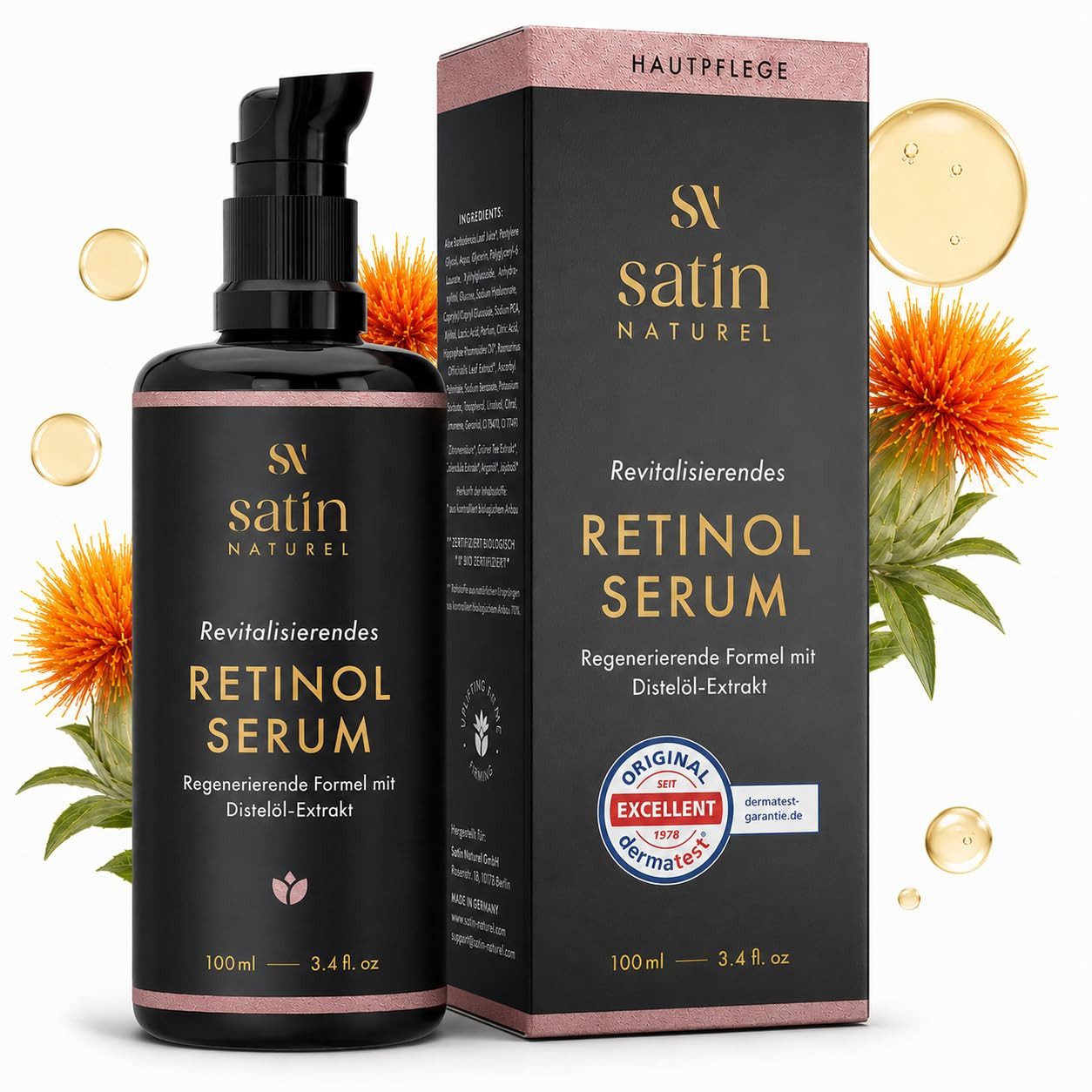 Satin Naturel Gesichtsserum Retinol Bio Serum hochdosiert Für sichtbar glattere, strahlende Haut, Mit Retinol, Hyaluron, Niacinamid & Bio Aloe Vera