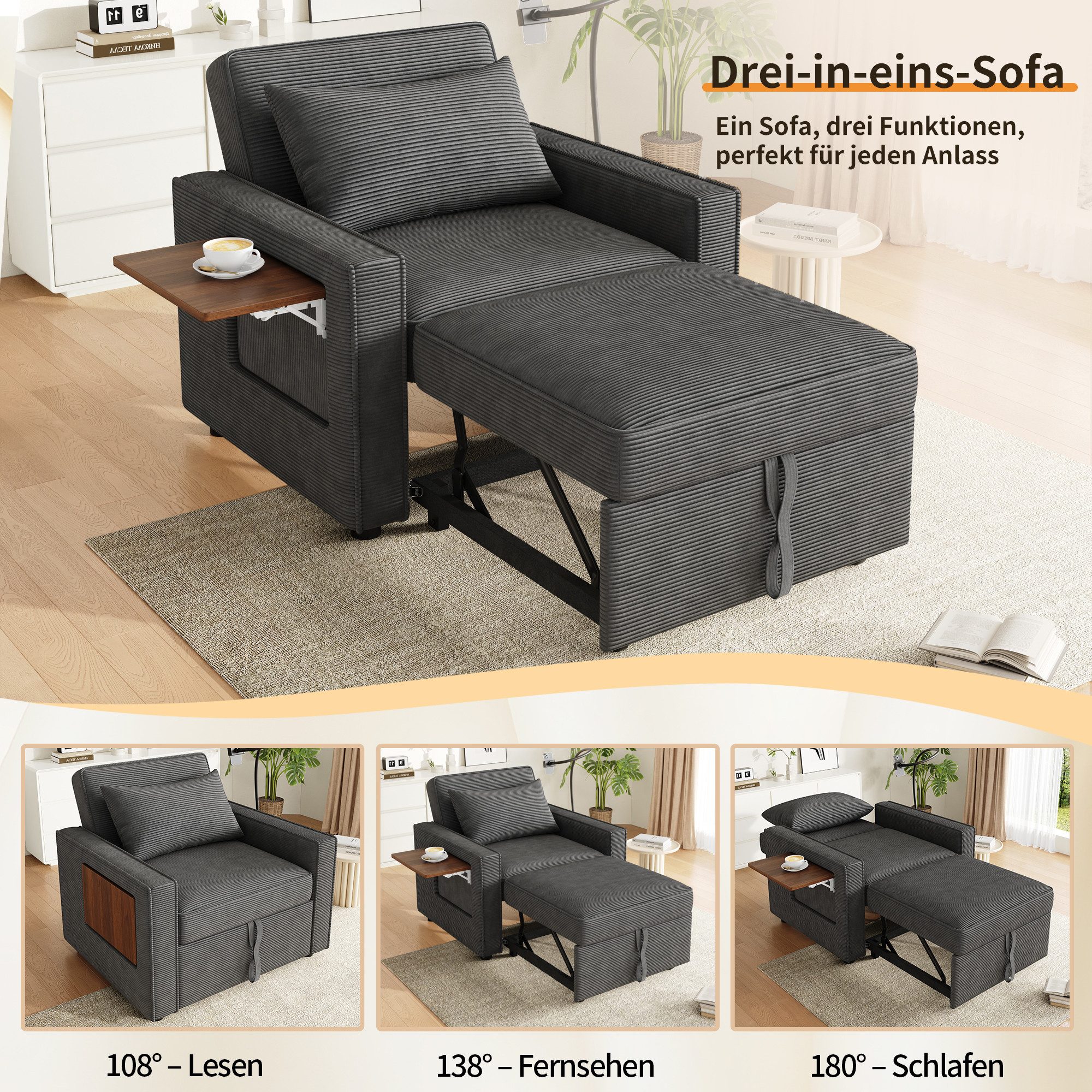 HAUSS SPOLE Schlafsofa mit Schlaffunktion Klappsofa Cord-Relaxsessel mit Getränkehalter, USB