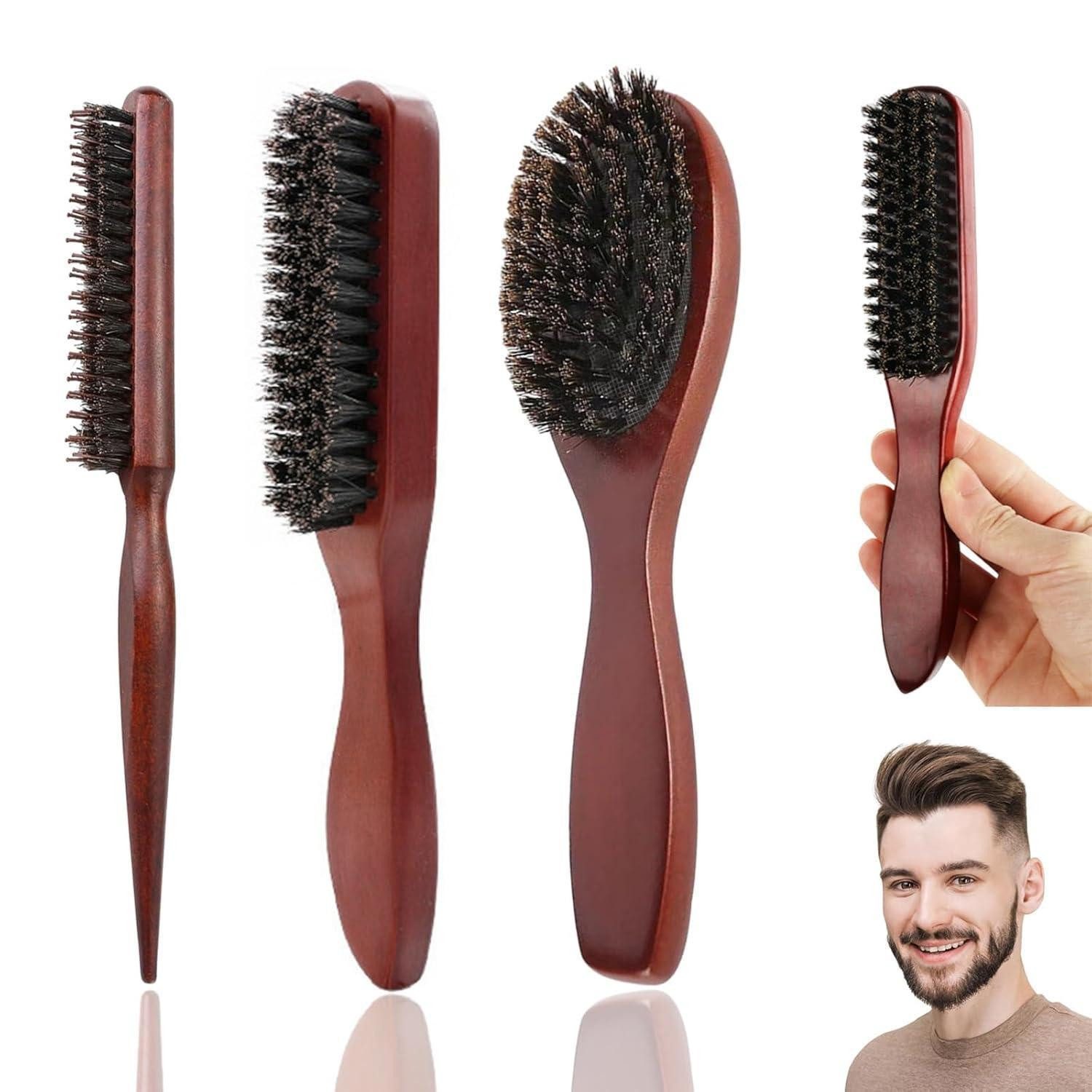 LuxusKollektion Bartbürste 3 Stück Wildschweinborsten Haarbürste mit Holzgriff - Bürste für Haare