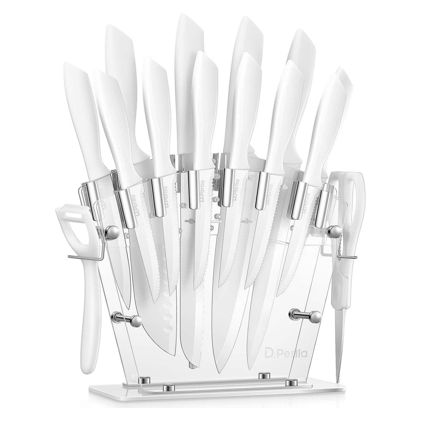D.Perlla Messer-Set 16-teiliges Küchenmesserset aus Edelstahl (Set, 16-tlg), mit antihaftbeschichteter Klinge, weiß
