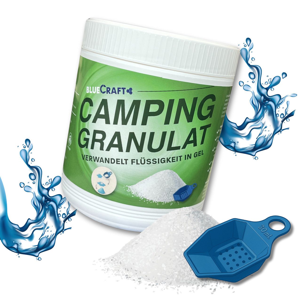 BlueCraft Campingtoilette Granulat – Absorber für Camping, Outdoor, Festival & Trockentoilette, (Verwandelt Flüssigkeit in Gel – geruchsreduzierend, hygienisch & vielseitig, 1-St), Nimmt bis zu 500-fach Flüssigkeit auf – inkl. Dosierlöffel