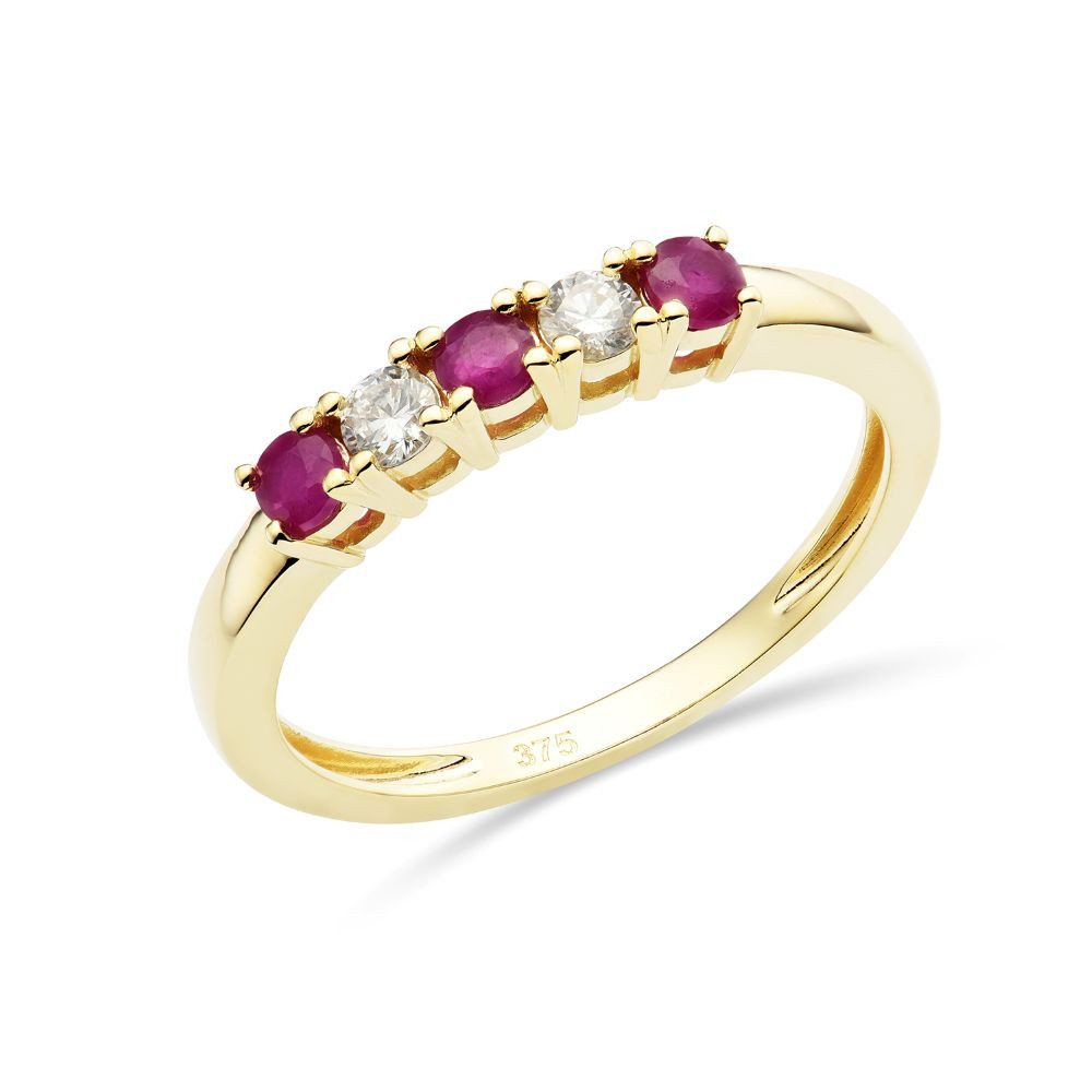 Miore Goldring MAE9022R - für Damen 9K (375) Gelbgold mit 2 Diamanten & 3 Rubinen, Eternity Ring in Echtgold