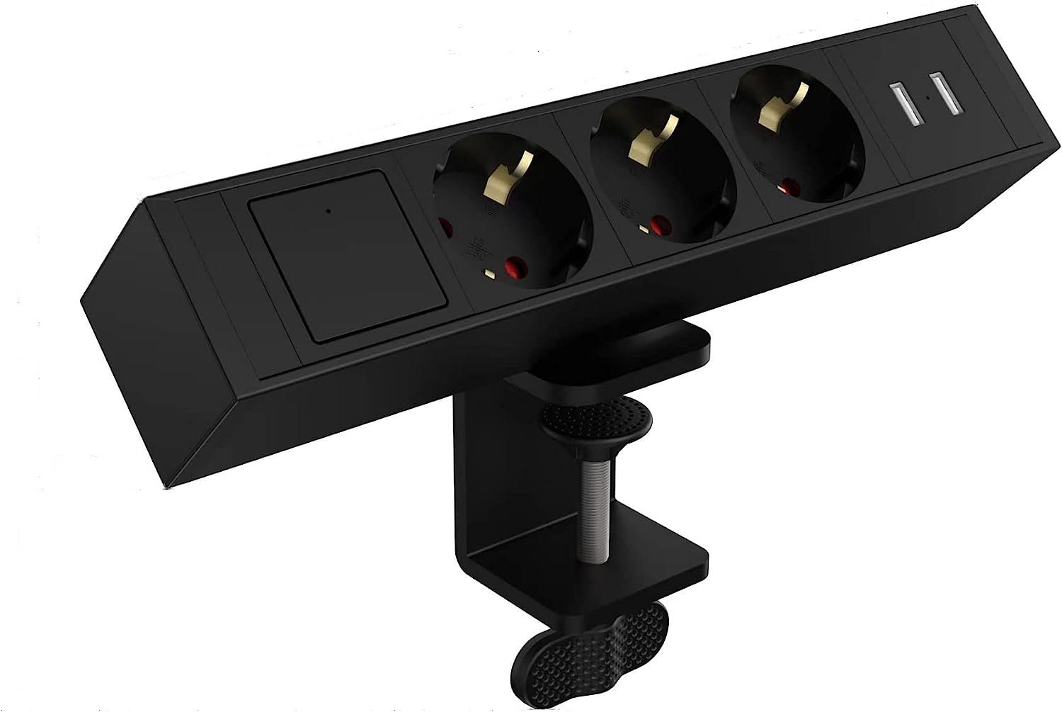 Super Solu Tischsteckdosenleiste mit Schalter /3-Fach und 2 USB Mehrfachsteckdose Steckdosenleiste 3-fach (Ein- / Ausschalter, Übersapannungschutz, Kabellänge 1.8 m), Schwarz, Bewegliche Schiebeschiene mit Metall Desktop Clip