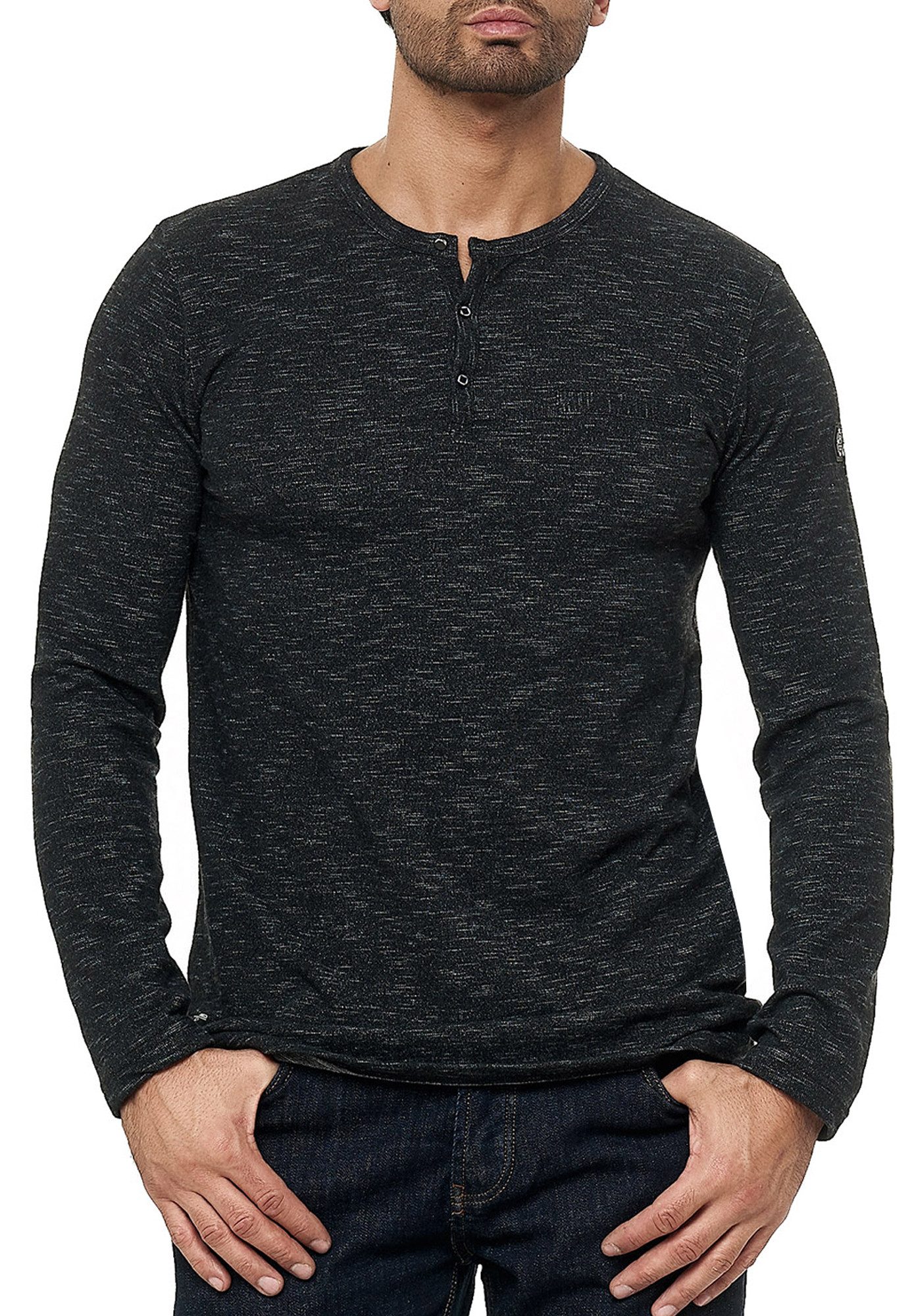 Langarmshirt mit melierter Optik - Klassisches Henley-Shirt