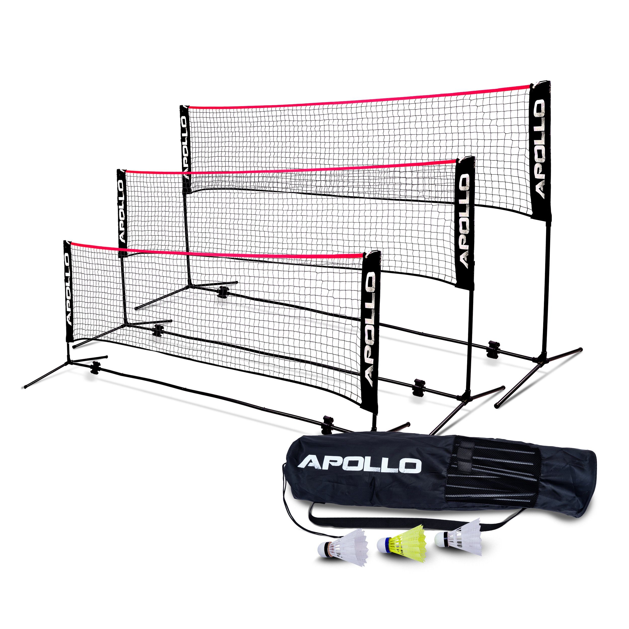 Apollo Badmintonnetz Badminton und Volleyball Netz, 300 cm, 400 cm, 500 cm, höhenverstellbar, inkl. 3 Federbällen Schwarz/Rot