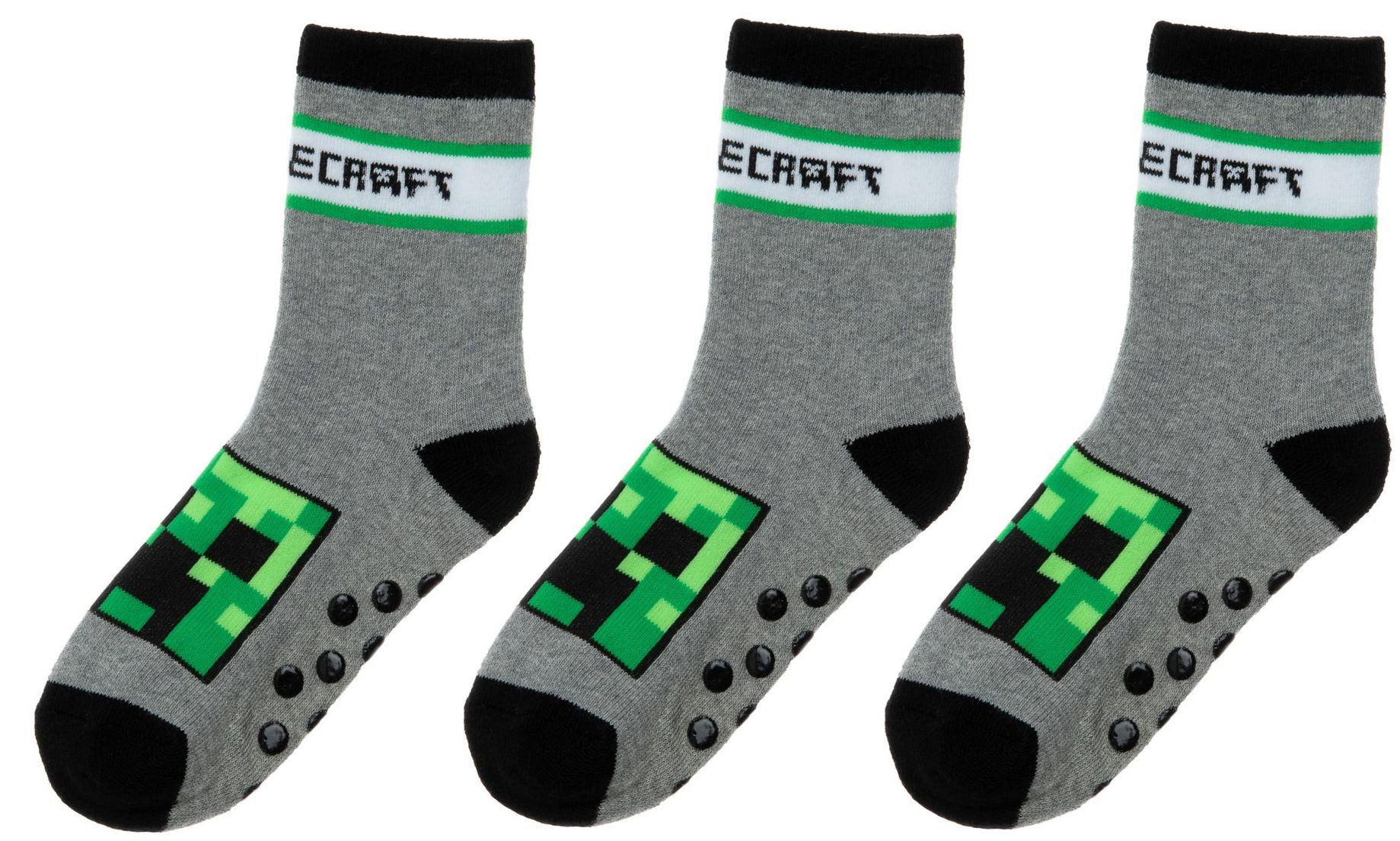 Minecraft Haussocken 3x MINECRAFT Socken mit Noppensohle grau 27/30 31/34 35/38