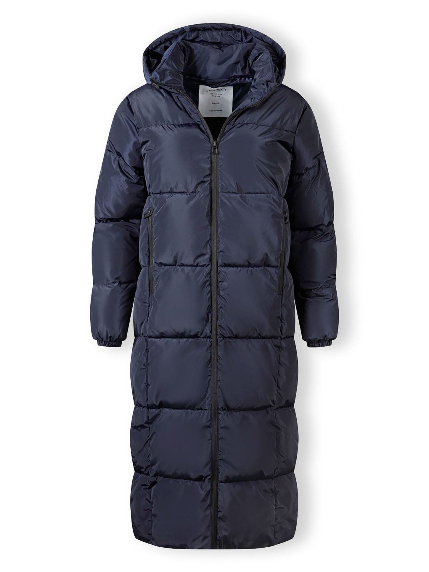 Winterjacke Lange gesteppte Winterjacke mit Kapuze und Zipperdetails (XS-XXL)
