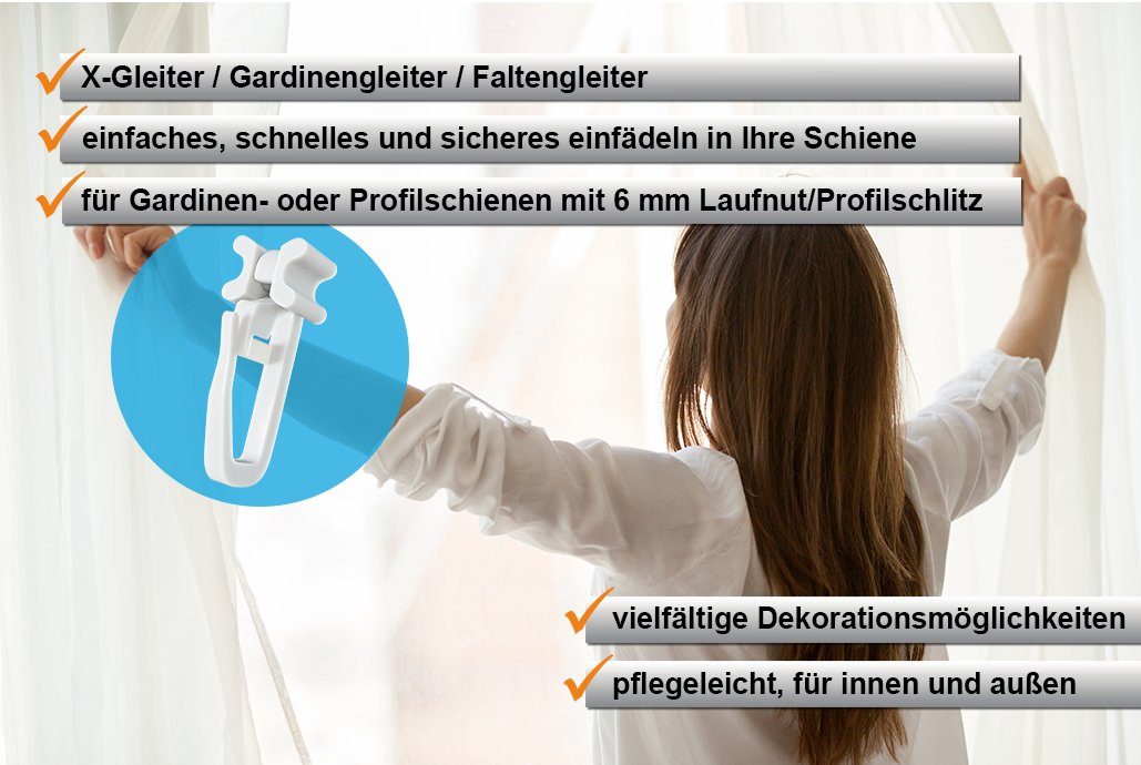 dekohaken24.de Gardinengleiter X-Gleiter/Gardinengleiter/Faltengleiter in weiß, für Gardinenschienen mit 6mm breiten Profilschlitzen, (100-St), mit verschließbarem Faltenlegehaken