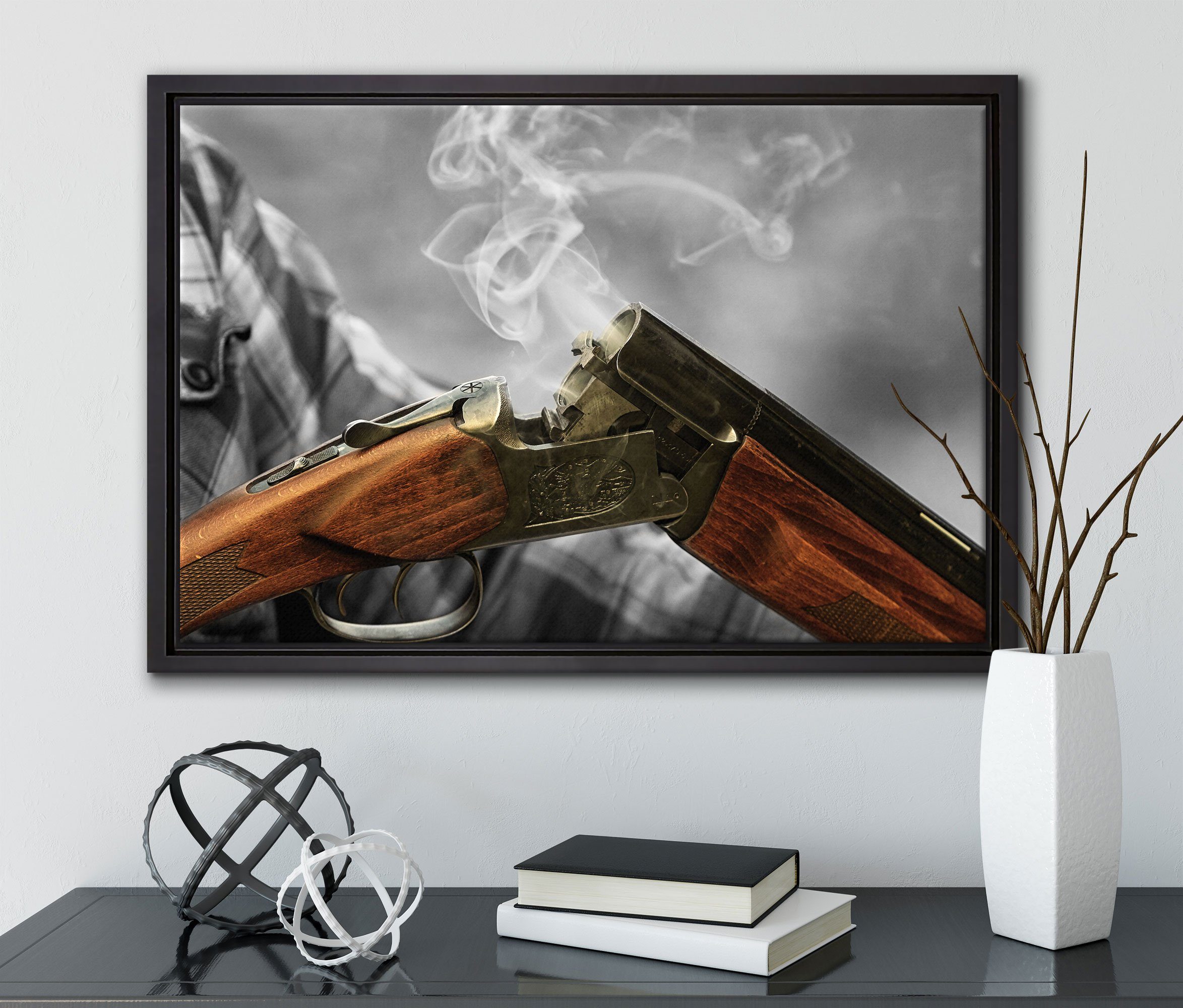 Pixxprint Leinwandbild Jagdgewehr nach dem Brand, Wanddekoration (1 St), Leinwandbild fertig bespannt, in einem Schattenfugen-Bilderrahmen gefasst, inkl. Zackenaufhänger