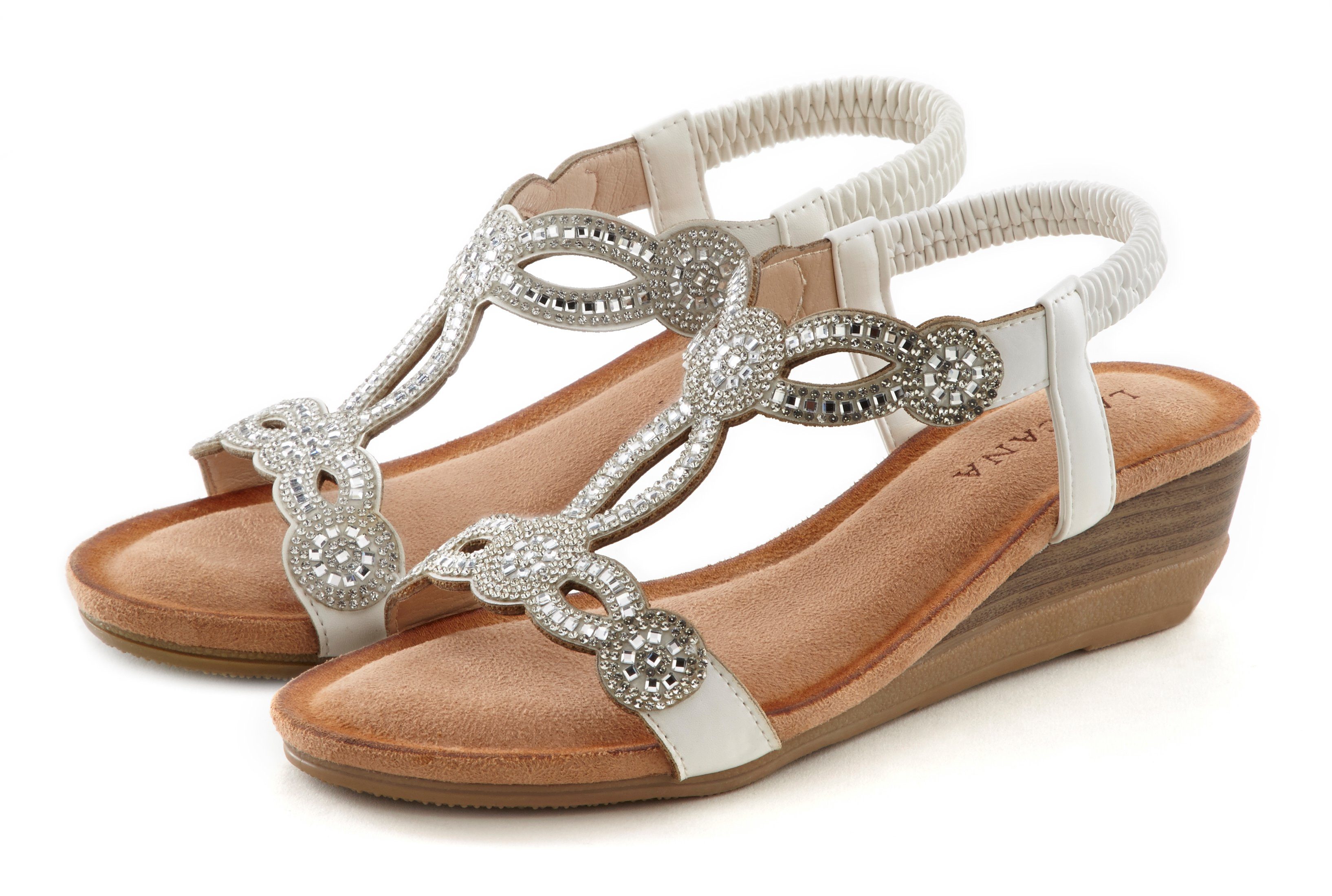LASCANA Sandale Sandalette, Sommerschuh mit Schmucksteinen und elastischen Riemen weiß | Riemchensandalen