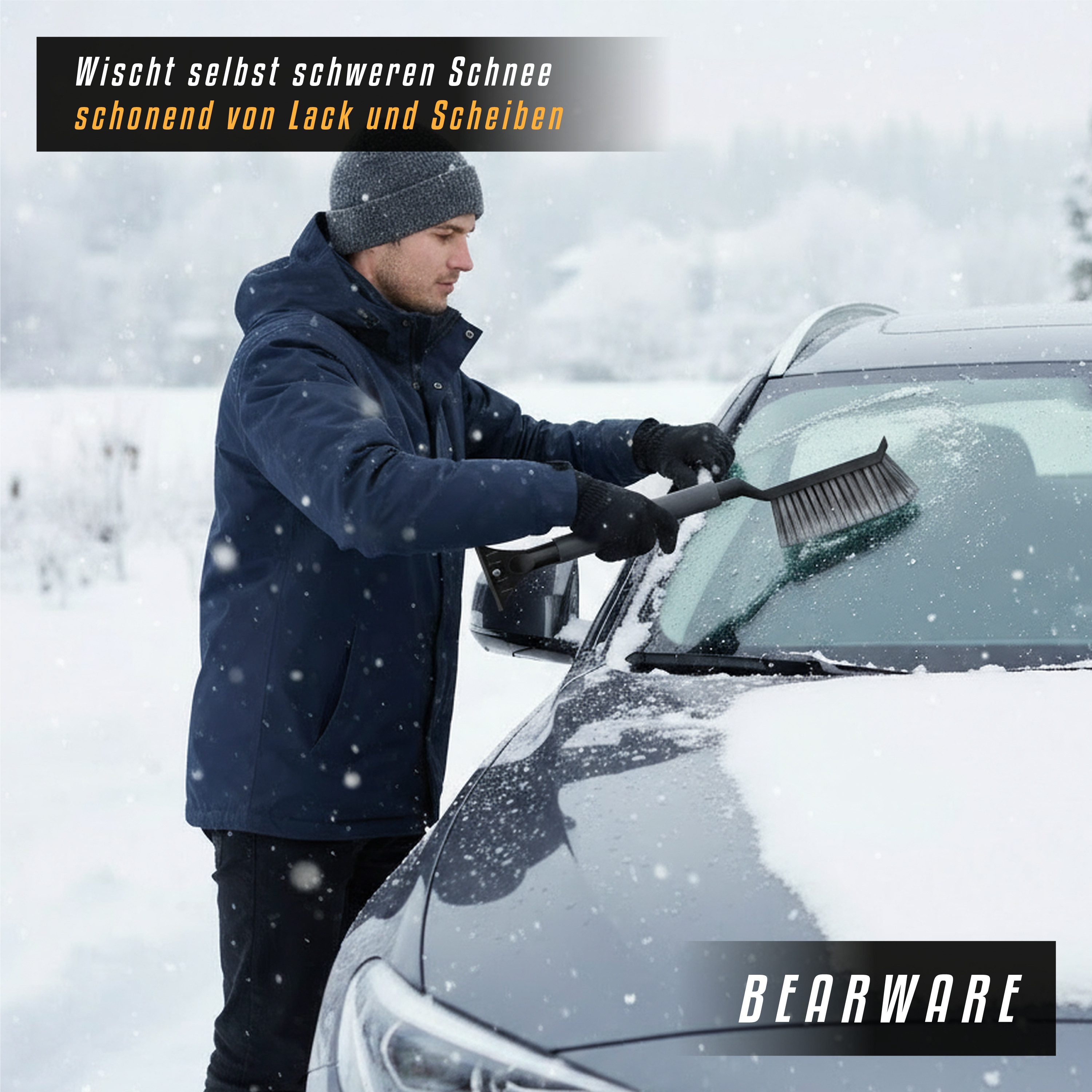 BEARWARE Ice Scraper with Snow Brush for Car, Motorhome & Truck made of shatterproof ABS, gentle 2-in-1 scraper & snow brush, 50cm long with ice breaker teeth
