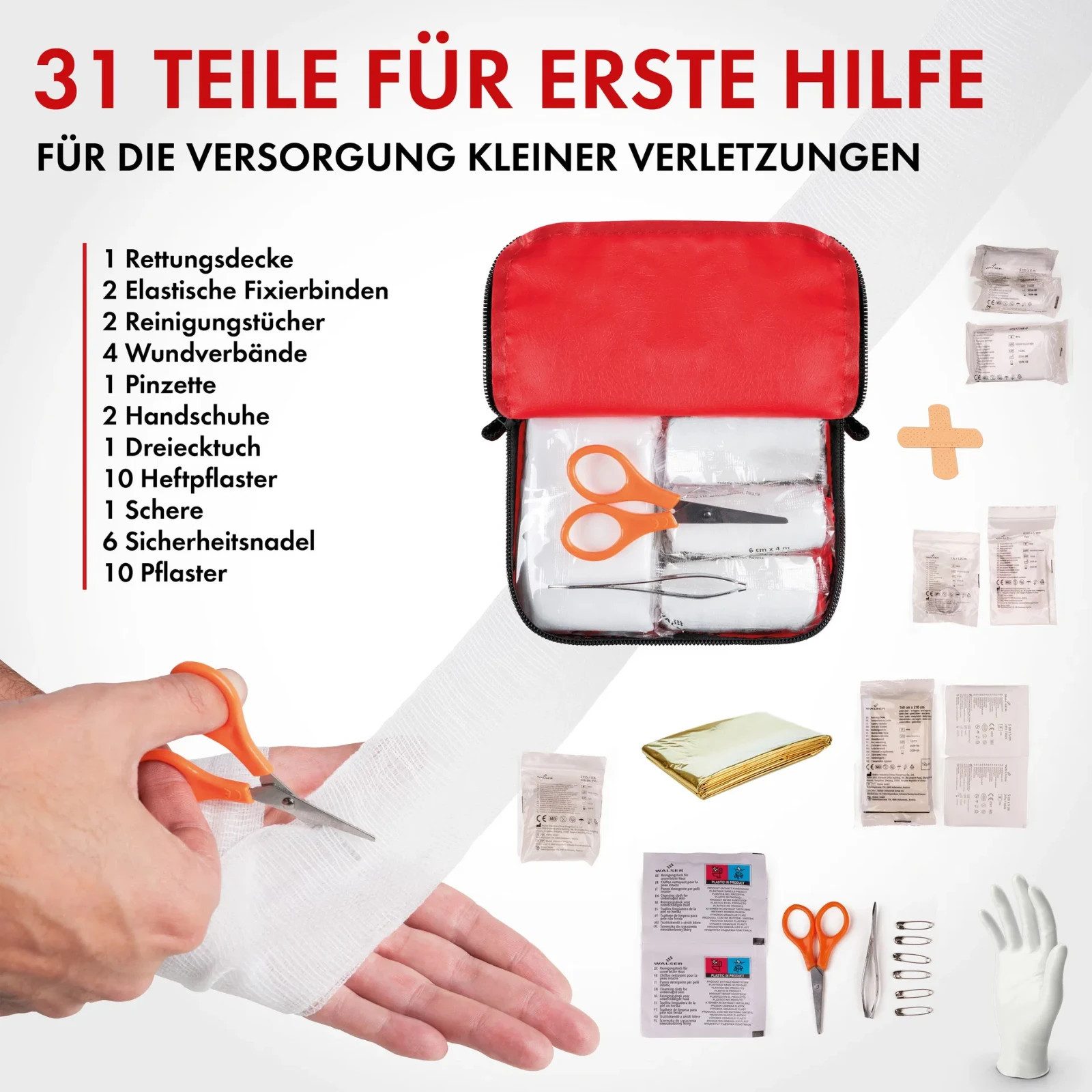 WALSER Erste-Hilfe-Set Mini Verbandstasche EU-Verordnung 2017/745, wasserfest