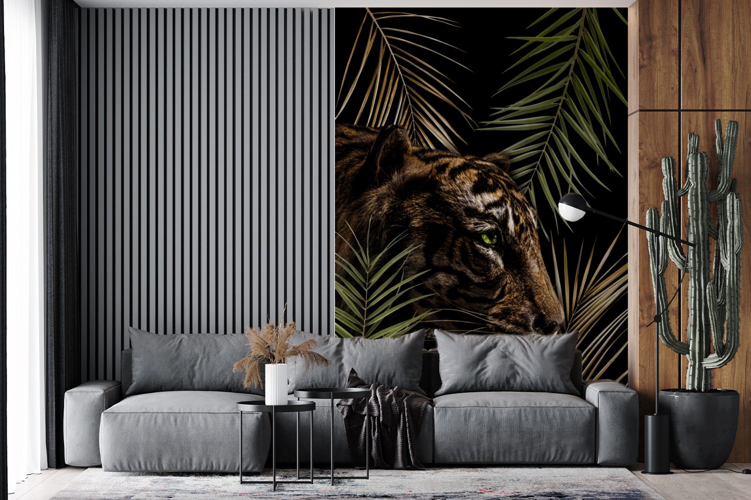 Tiger bedruckt, - St), Wohnzimmer, - Pflanzen für Montagefertig Palme, Fototapete (3 Matt, MuchoWow Tapete Vinyl Wandtapete