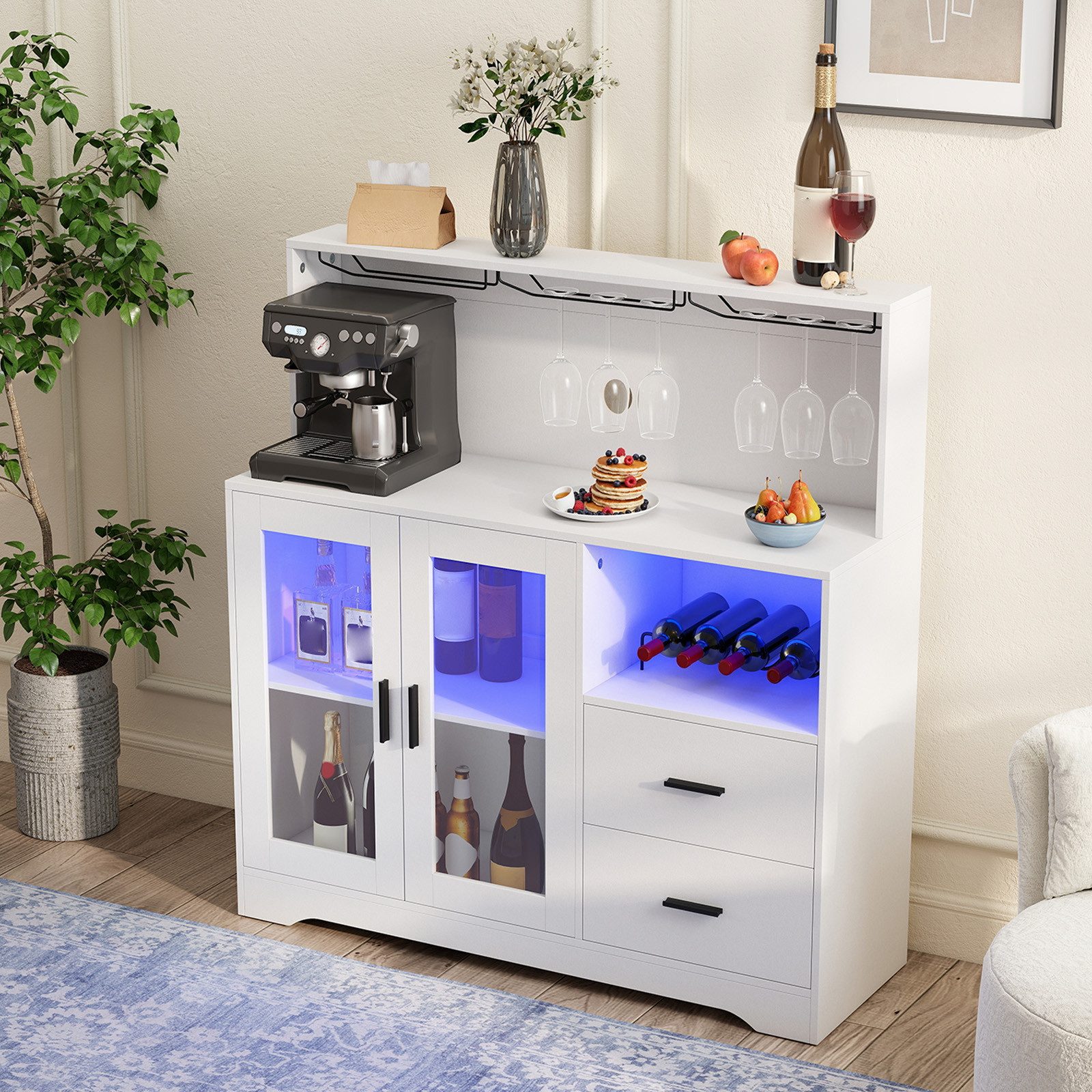 COSTWAY Küchenbuffet mit Arbeitsplatte, Steckdose & LED, 120cm Breit Sideboard Wohnzimmer
