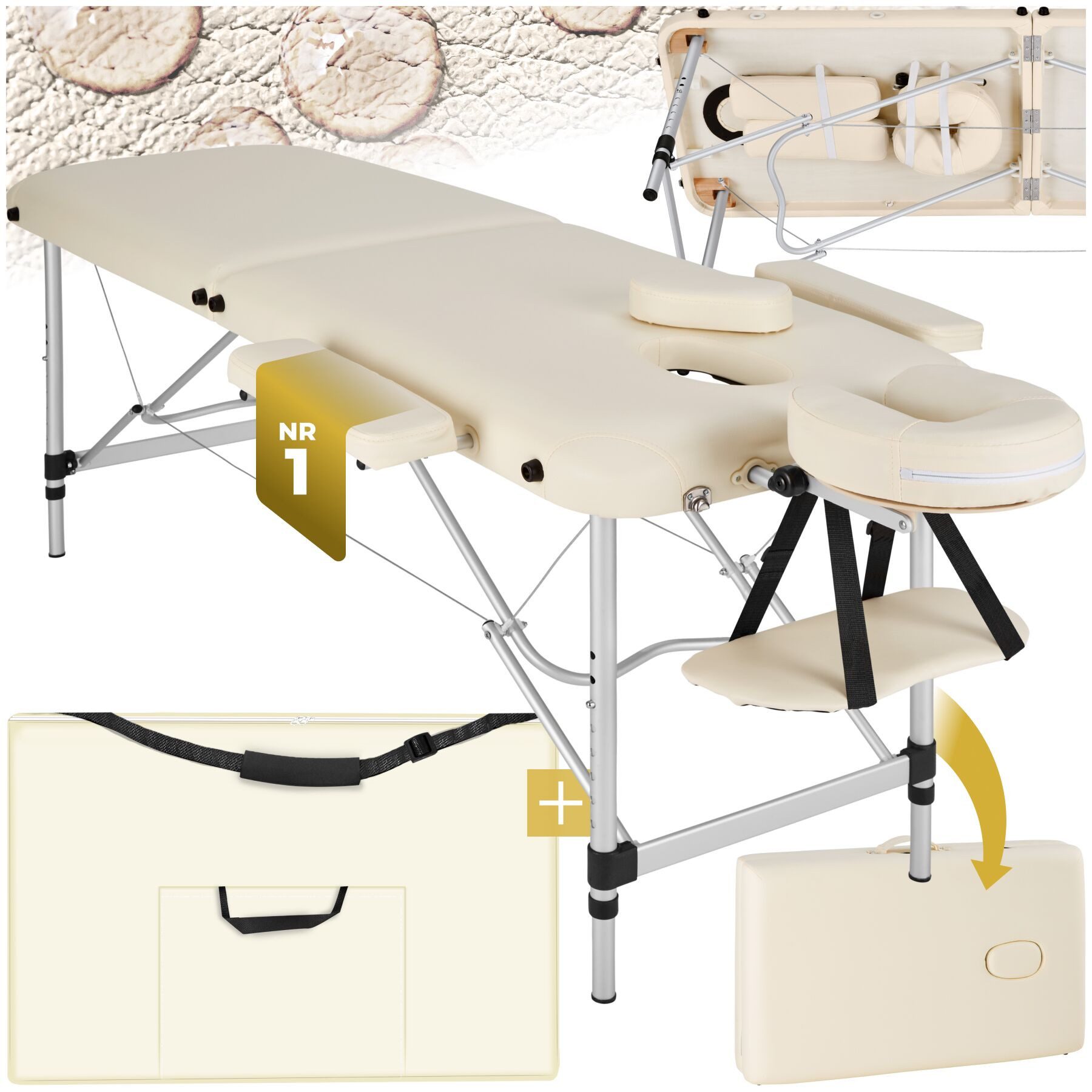 tectake Massageliege Mobiler Massagetisch klappbar mit Aluminiumgestell und Polsterung (Massagetisch Klappbar, 1-St., in Beige), Inkl. Zubehör: Tragetasche, Kopfstütze, Armablagen