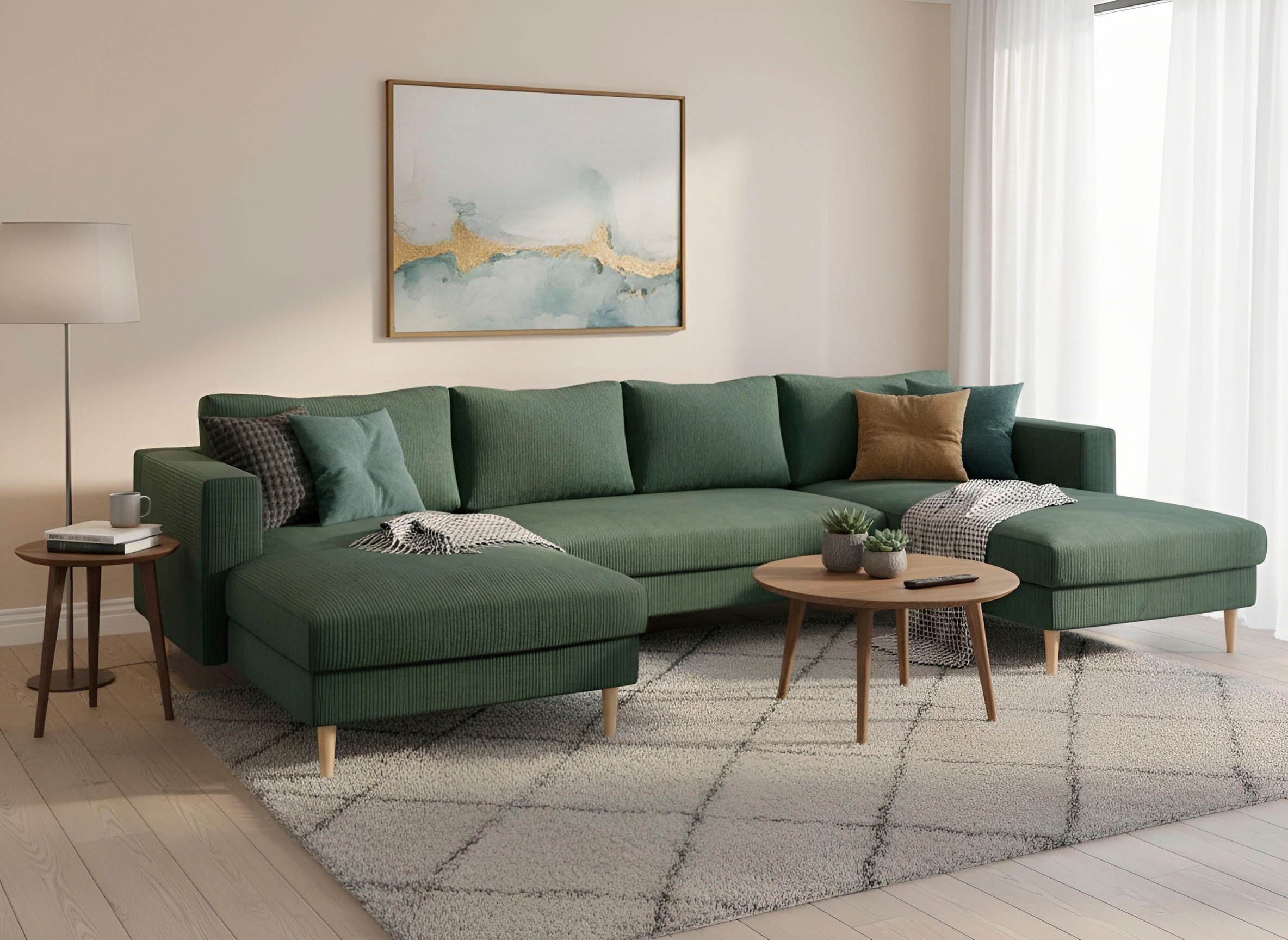 TRENDMANUFAKTUR Wohnlandschaft Amazing, wahlw. mit Schlaffunktion & Bettkasten, Fuß Buche lackiert, Sofa in U-Form, in Cord oder Struktur, Breite 305 cm