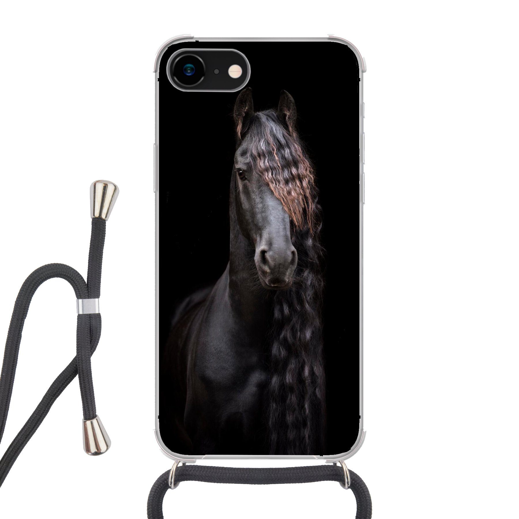 MuchoWow Handyhülle für Apple iPhone 8 Pferde - Friesisch - Mähne - Schwarz - Tiere, Tragbare Handyhüllen mit Kette zum umhängen, Handykette Handyband