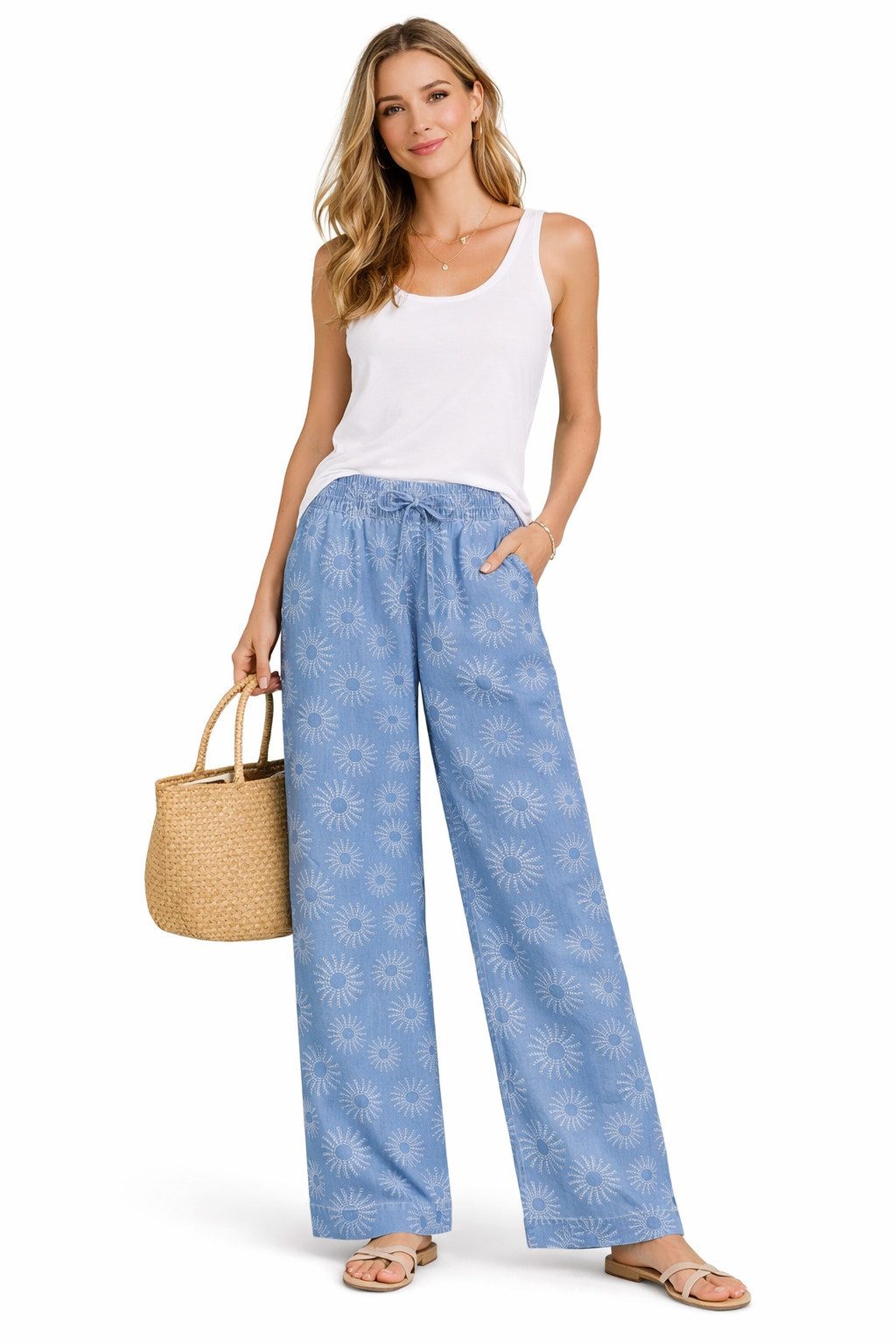 SUBLEVEL Chinos Damen Sommerliche Schlupfhose aus Denim mit weitem Bein Freizeit Hose