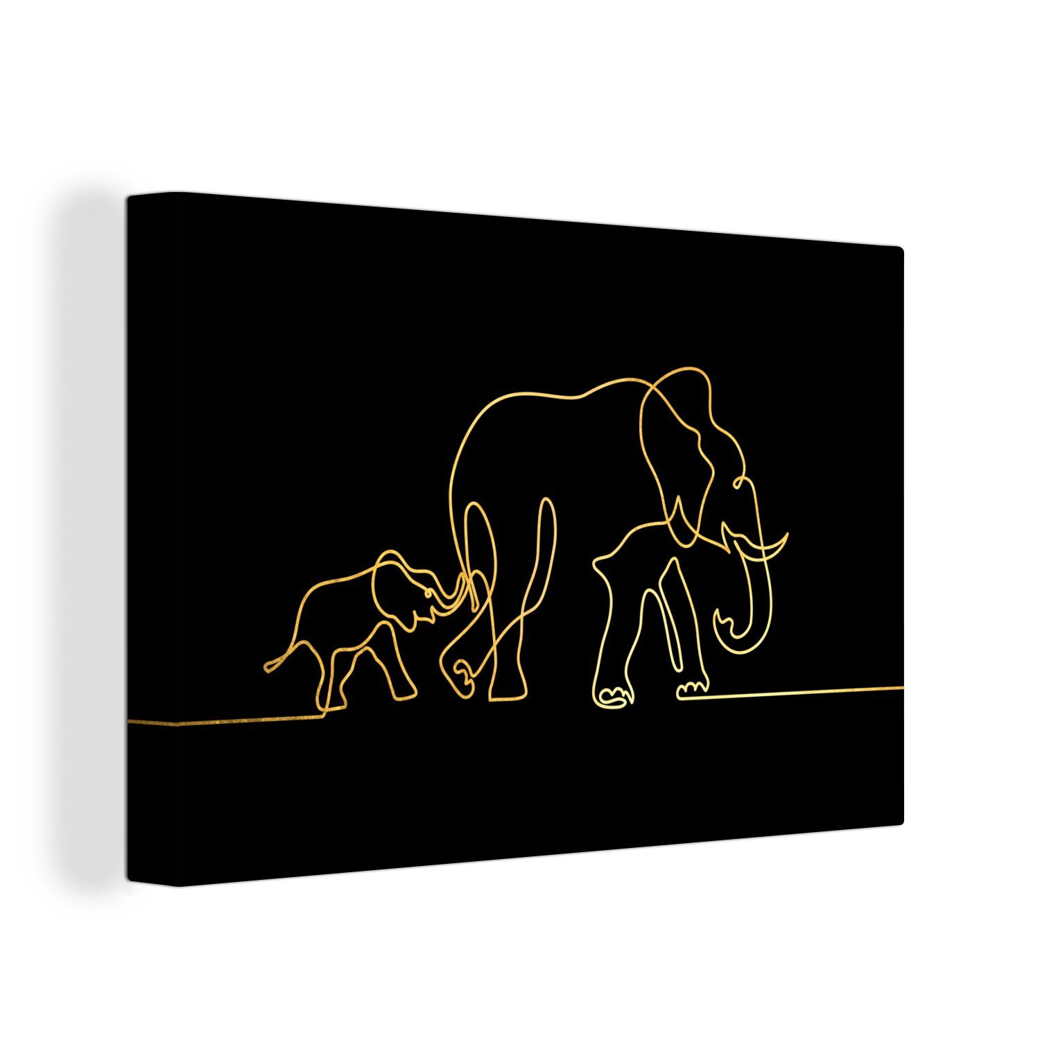 30x20 Wandbild Leinwandbilder, (1 Aufhängefertig, Elefant Leinwandbild OneMillionCanvasses® Schwarz - St), - Wanddeko, Gold cm Minimalismus, -