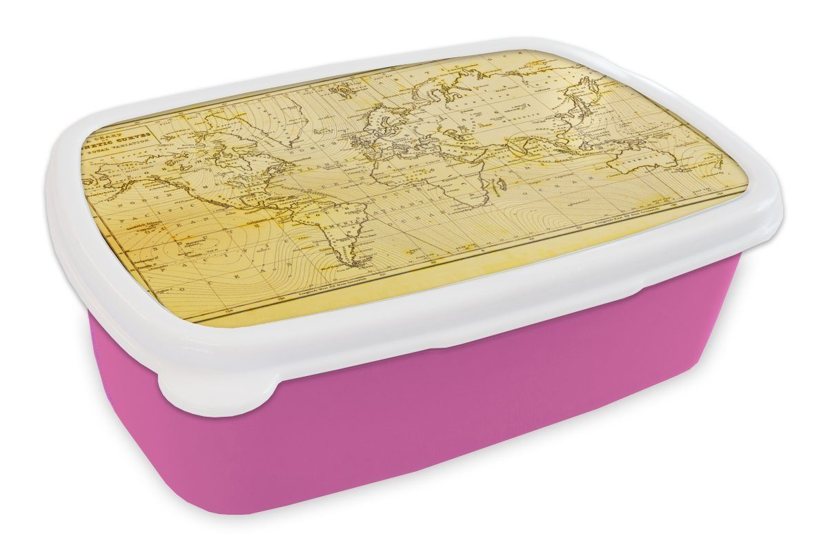Kunststoff (2-tlg), Erwachsene, Gelb, Kinder, Brotbox Snackbox, Kunststoff, - Weltkarte für Brotdose rosa - Lunchbox Vintage Mädchen, MuchoWow
