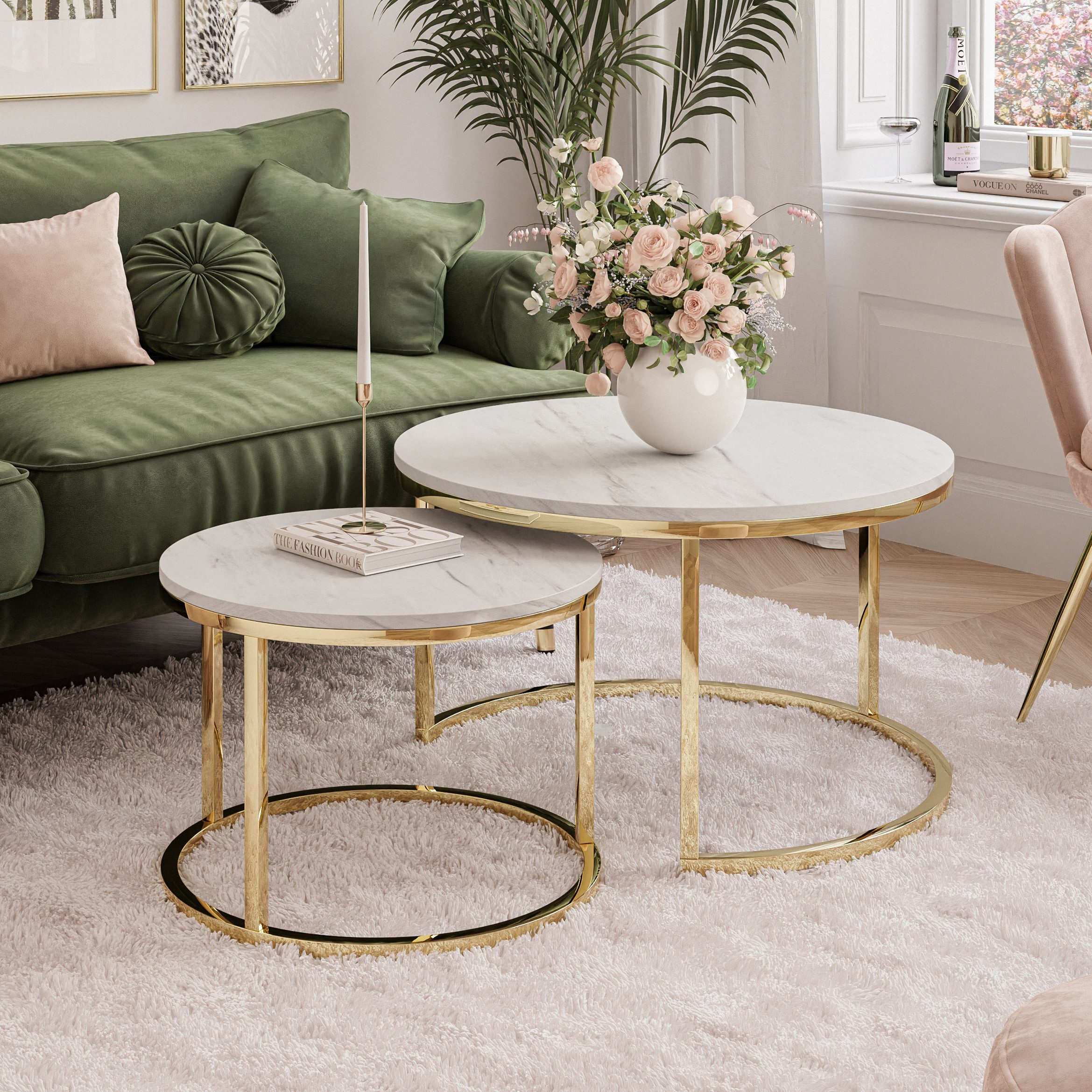 Lookway Couchtisch CIRI 2in1 LEVANTO mit Gold Chrom Gestell (2er-Set), Durchmesser: ⌀70 cm und ⌀50 cm