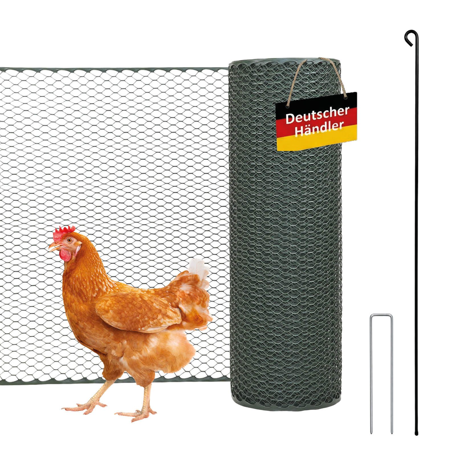 TRUTZHOLM Hühnerzaun Hühnerzaun 25 m lang x 0,9 m hoch, grün, 25 m x 0,9 m, incl. 15x Stäbe und 30x Heringe, grün
