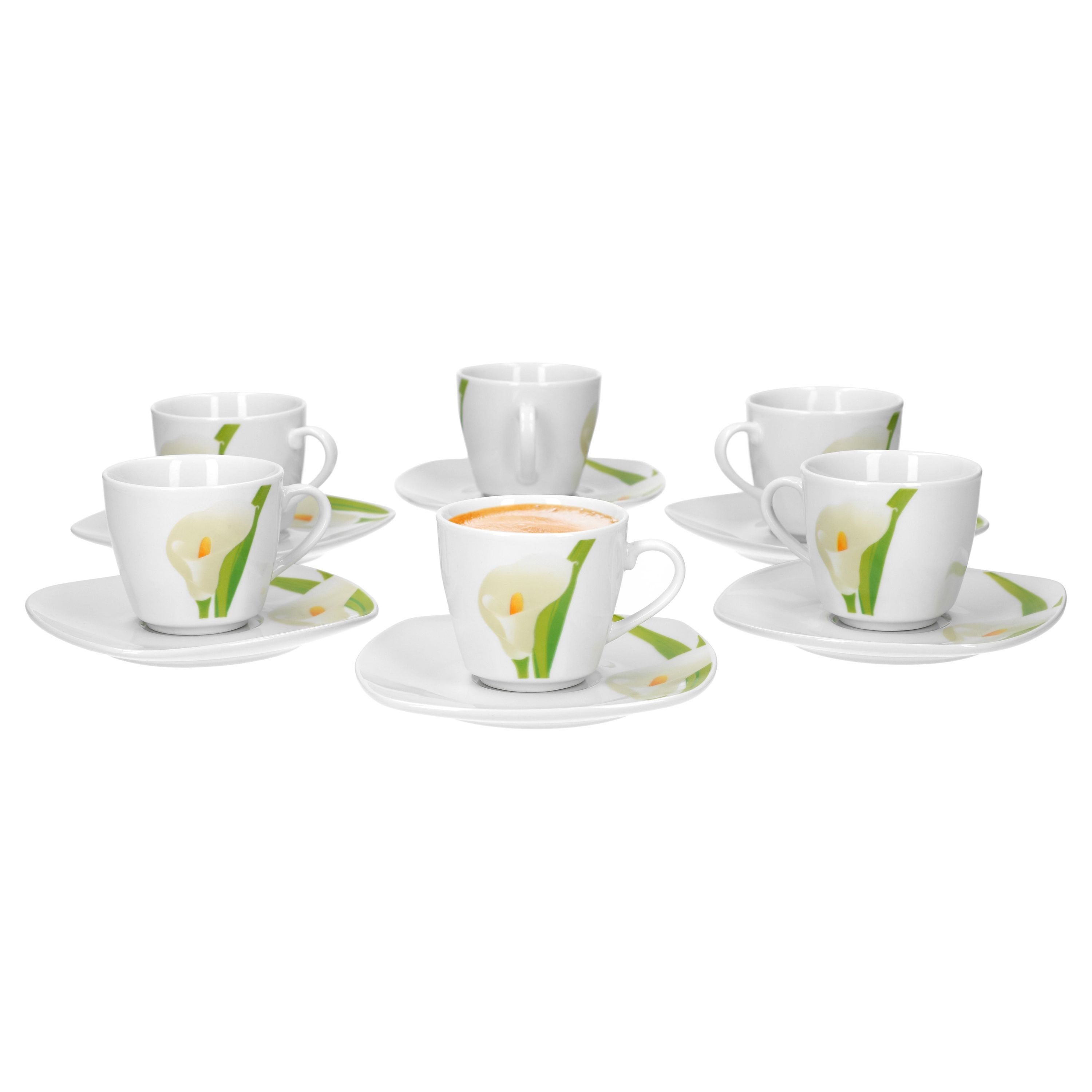 van Well Tasse 6er Set Espressotasse mit Untertasse Calla Tasse Kaffeetassen Geschirr, Porzellan