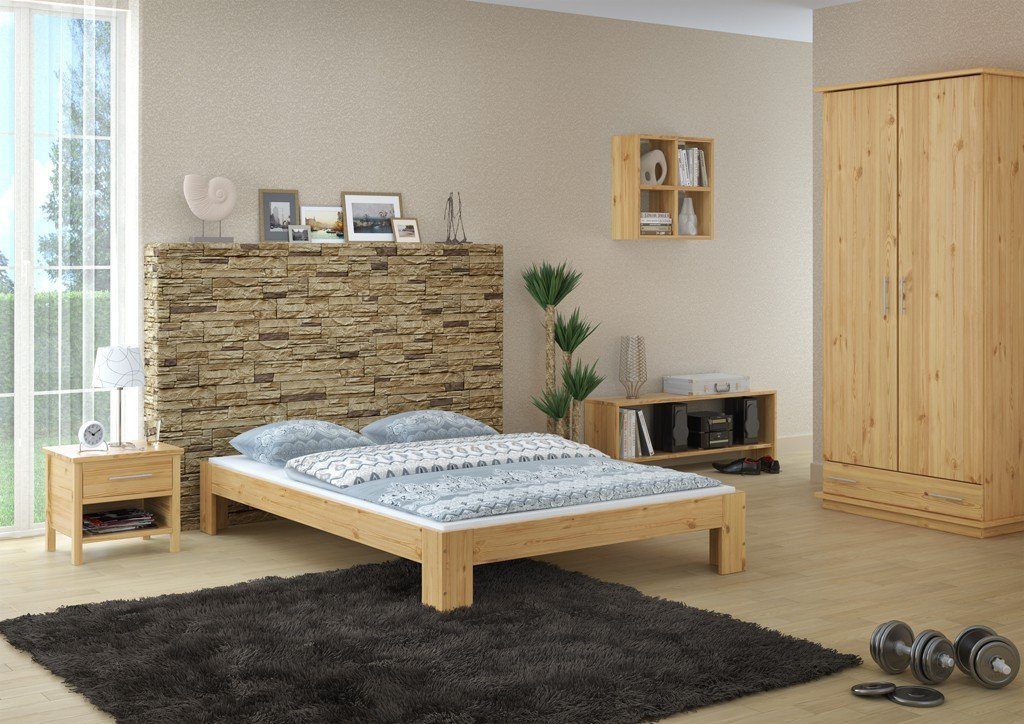 ERST-HOLZ Bett Futonbett 140x200 Kiefer massiv mit Rollrost, Kieferfarblos lackiert