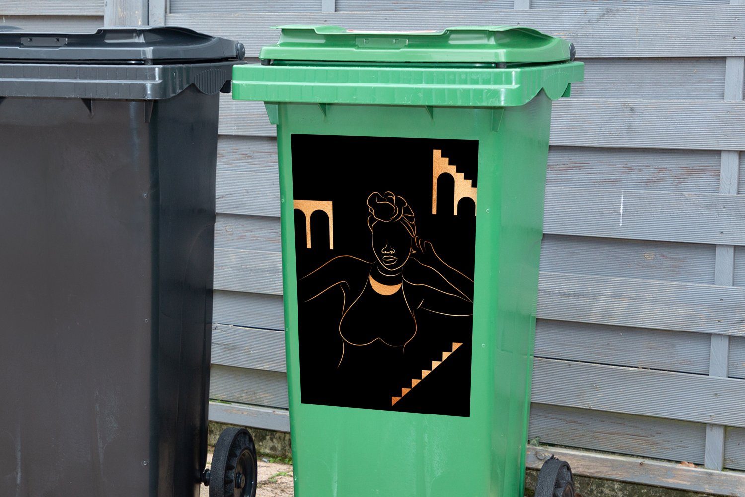 - Mülltonne, Frau Sticker, MuchoWow Wandsticker - Strichzeichnung Container, Gold Mülleimer-aufkleber, (1 Abfalbehälter St),