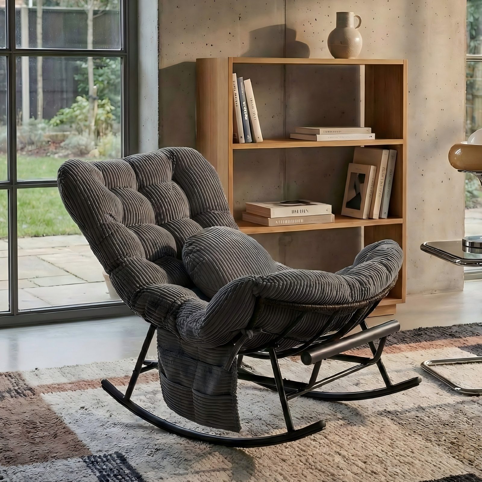 LVHOM Schaukelstuhl mit ausziehbarer Fußstütze, gepolstertem Kissen, Metallgestell (Armlehnenloses Monddesign, Seitentaschen,ein rundes Zierkissen, ergonomisches Design, Sitzmöbel/Liegeschaukel/Relaxsessel/Wohnaccessoire, 120kg Tragfähigkeit), Ideal für Wohnzimmer, Schlafzimmer, Spielzimmer, Arbeitszimmer, Garten
