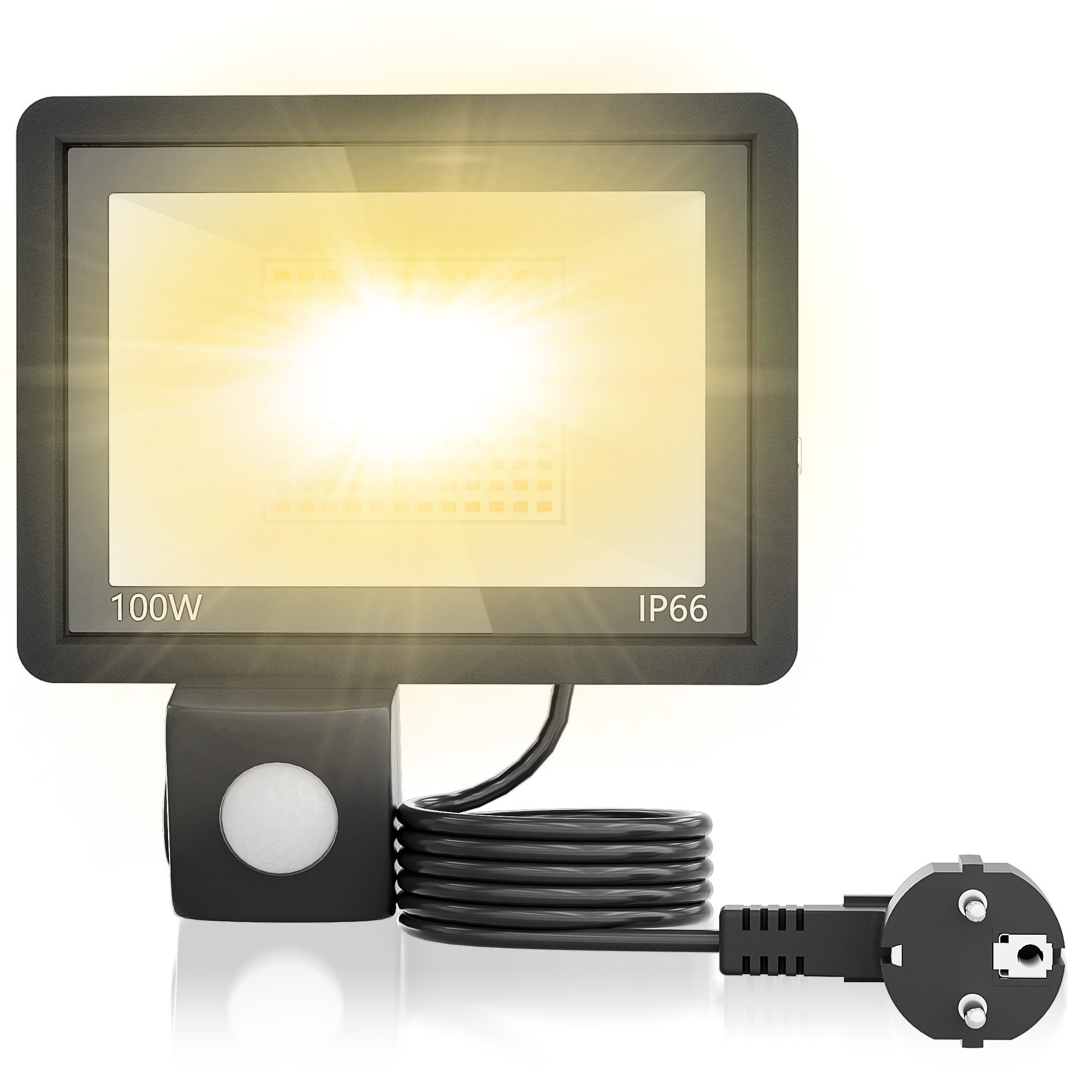 FIVMEN LED Flutlichtstrahler LED Strahler mit Bewegungsmelder 100W Scheinwerfer mit Stecker, Aussenlampe für Garten, Innenhöfe, Garage